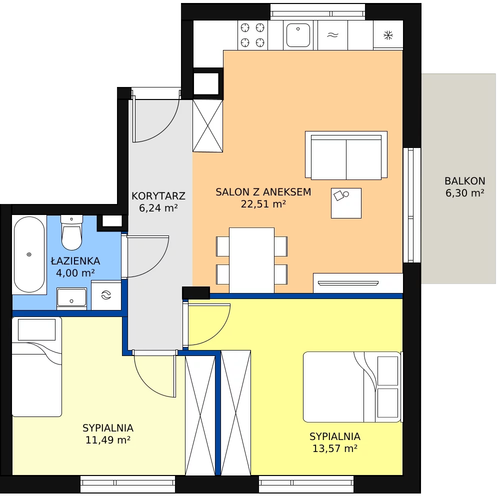Zalety mieszkania 58.35 m², B2.1M01