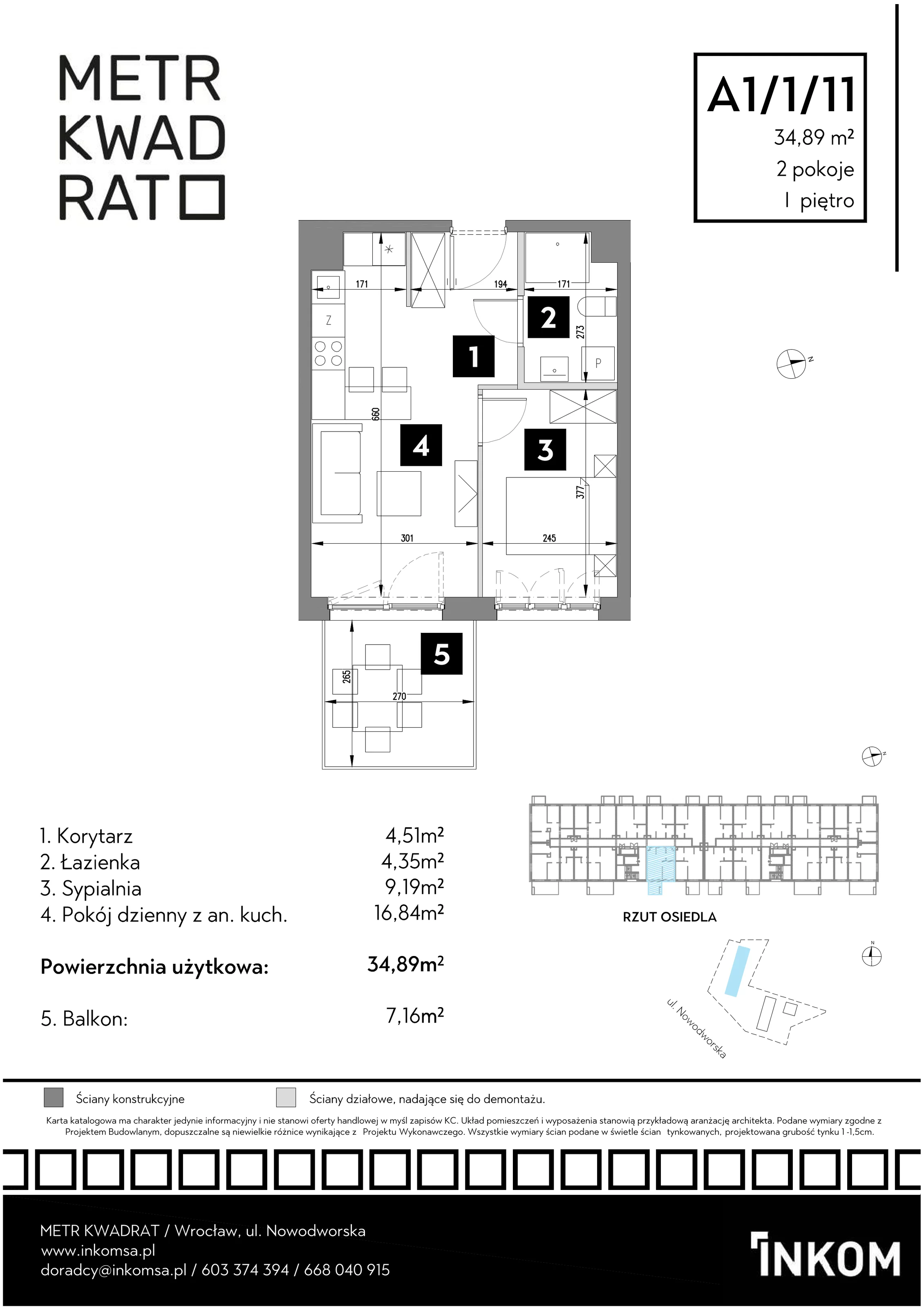 Mieszkanie 34,89 m², piętro 1, oferta nr A1/1/11, Metr Kwadrat, Wrocław, Nowy Dwór, ul. Nowodworska 17B