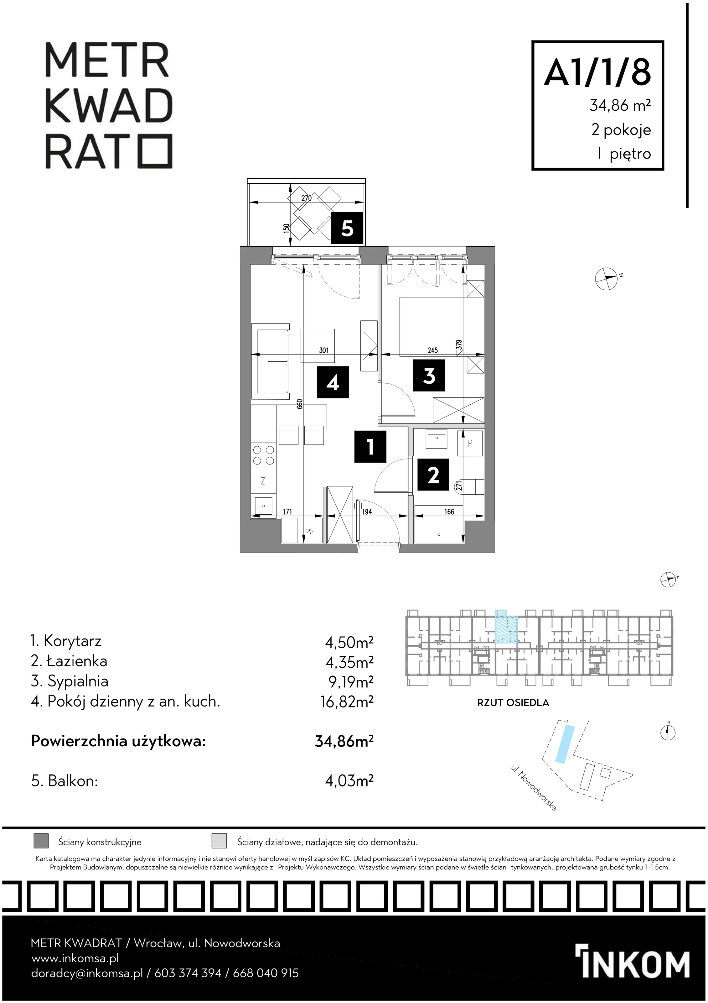 Mieszkanie 34,86 m², piętro 1, oferta nr A1/1/8, Metr Kwadrat, Wrocław, Nowy Dwór, ul. Nowodworska 17B