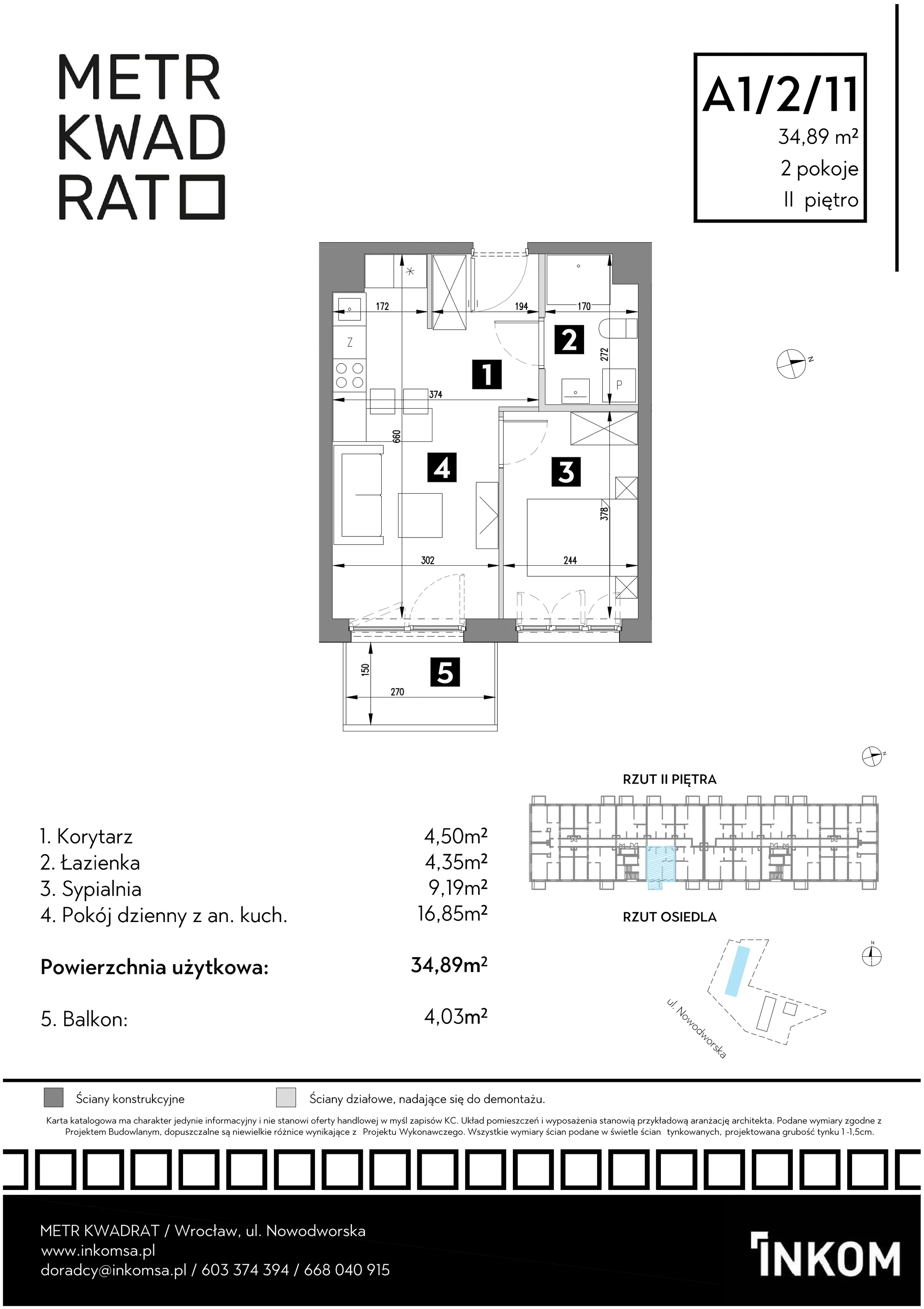 Mieszkanie 34,89 m², piętro 2, oferta nr A1/2/11, Metr Kwadrat, Wrocław, Nowy Dwór, ul. Nowodworska 17B