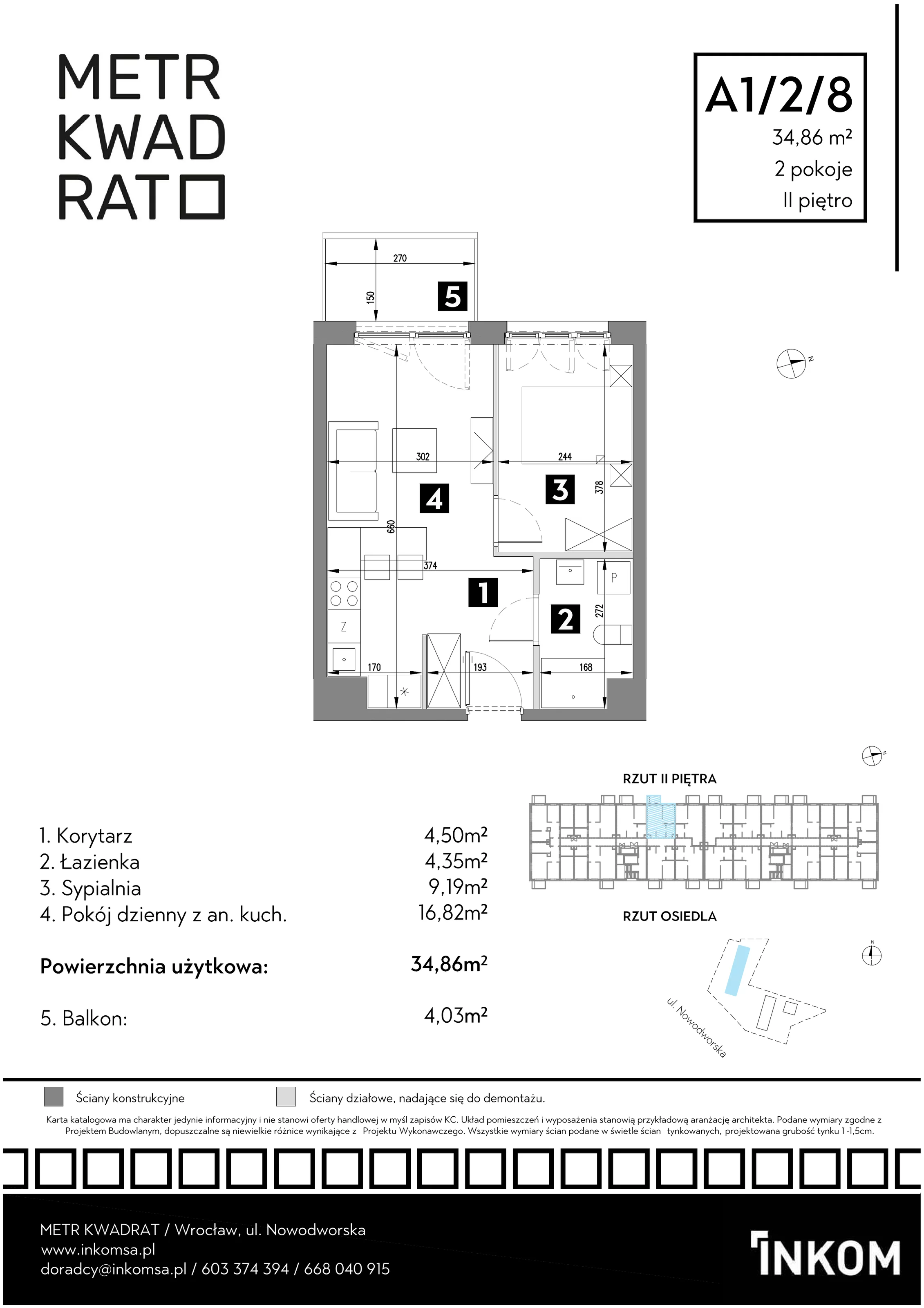Mieszkanie 34,86 m², piętro 2, oferta nr A1/2/8, Metr Kwadrat, Wrocław, Nowy Dwór, ul. Nowodworska 17B