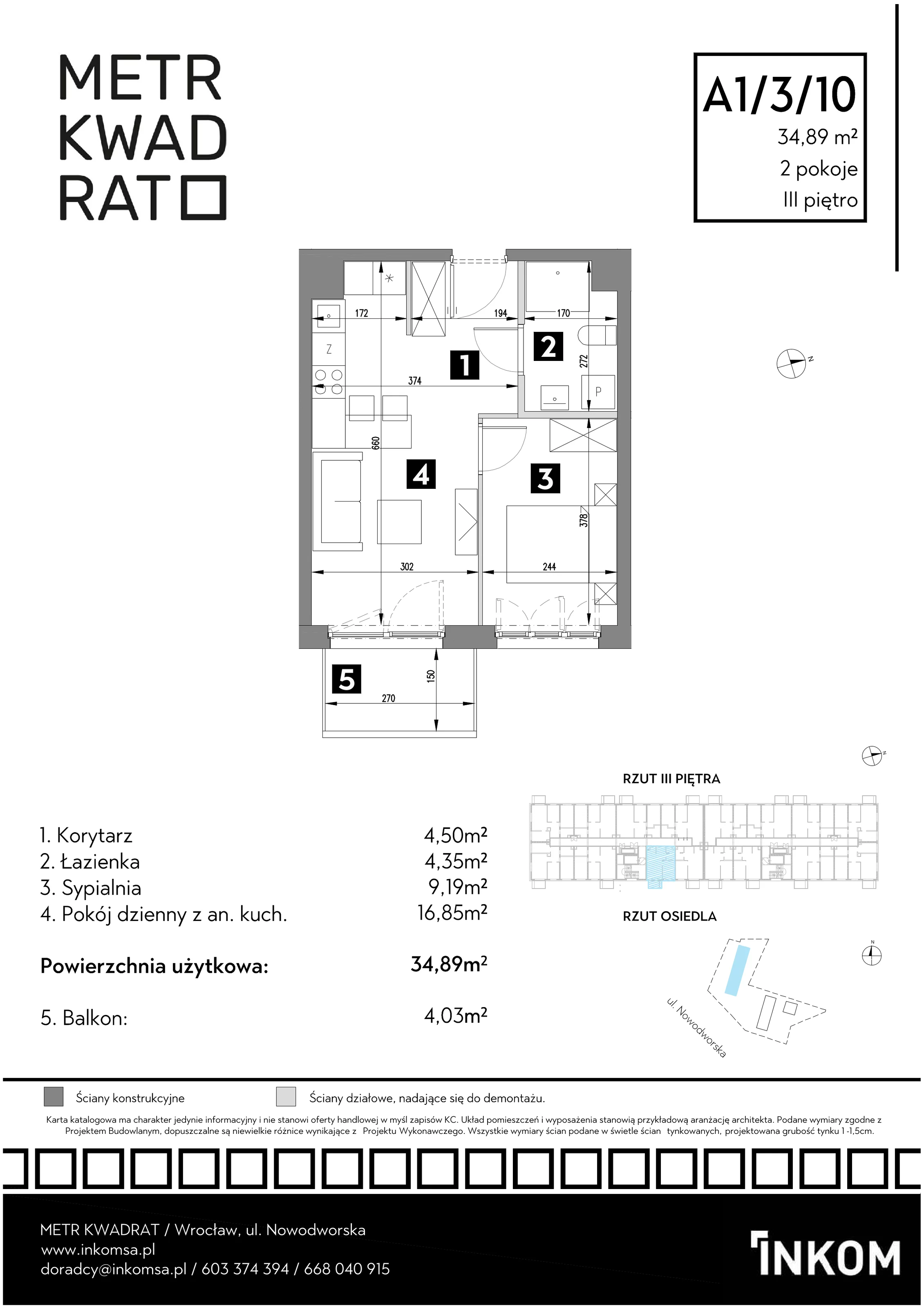 Mieszkanie 34,89 m², piętro 3, oferta nr A1/3/10, Metr Kwadrat, Wrocław, Nowy Dwór, ul. Nowodworska 17B