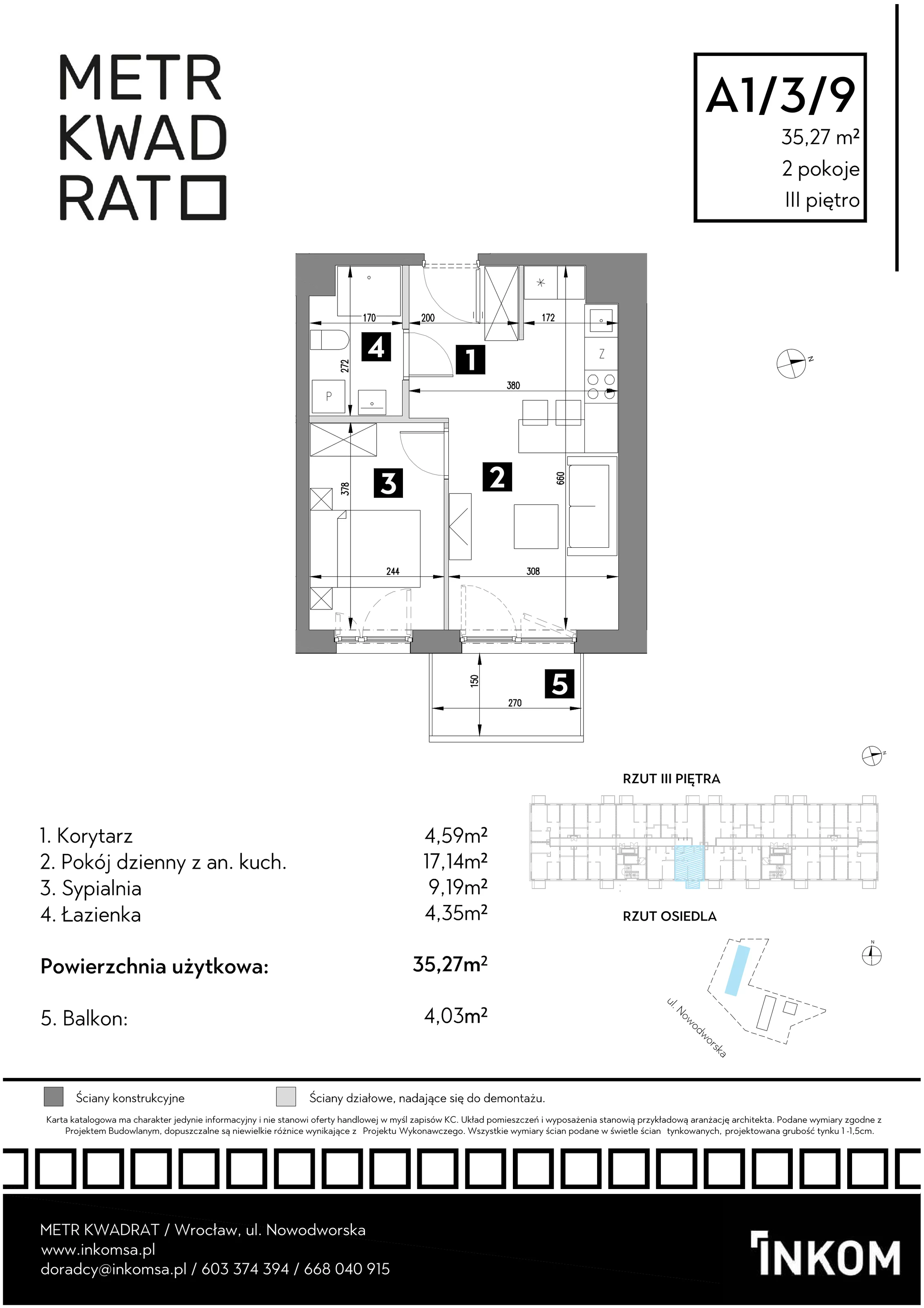 Mieszkanie 35,27 m², piętro 3, oferta nr A1/3/9, Metr Kwadrat, Wrocław, Nowy Dwór, ul. Nowodworska 17B