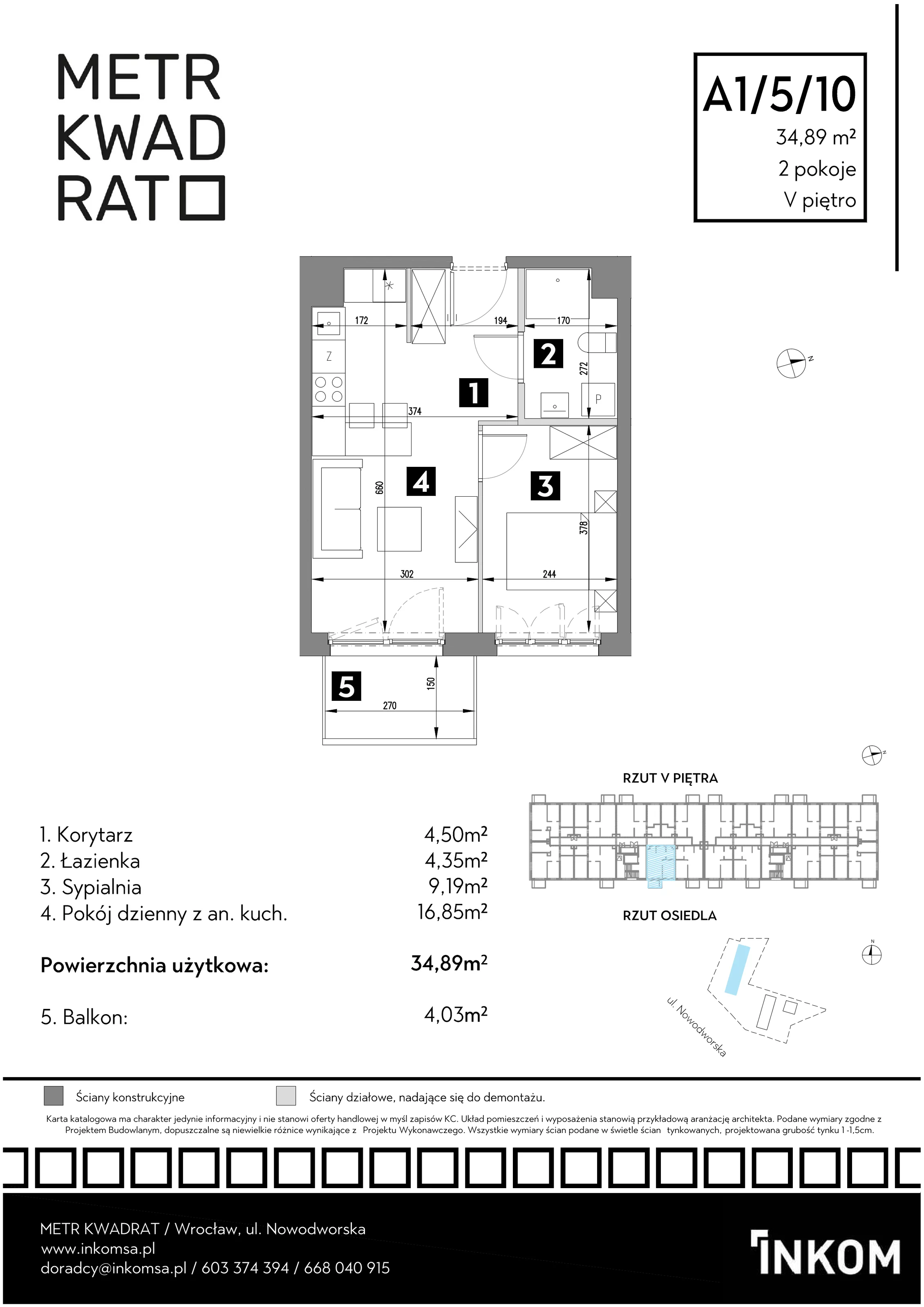 Mieszkanie 34,89 m², piętro 5, oferta nr A1/5/10, Metr Kwadrat, Wrocław, Nowy Dwór, ul. Nowodworska 17B