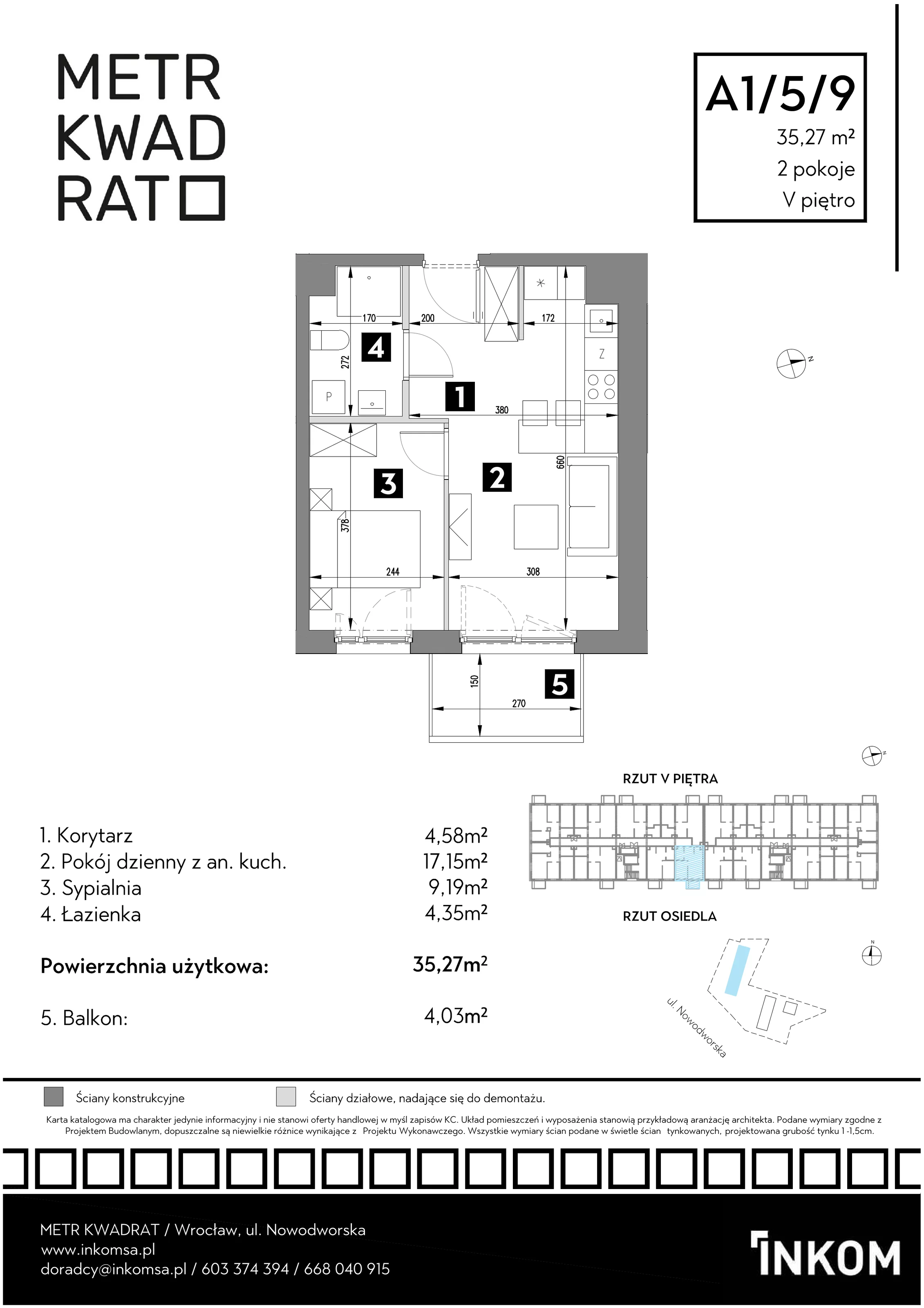 Mieszkanie 35,27 m², piętro 5, oferta nr A1/5/9, Metr Kwadrat, Wrocław, Nowy Dwór, ul. Nowodworska 17B