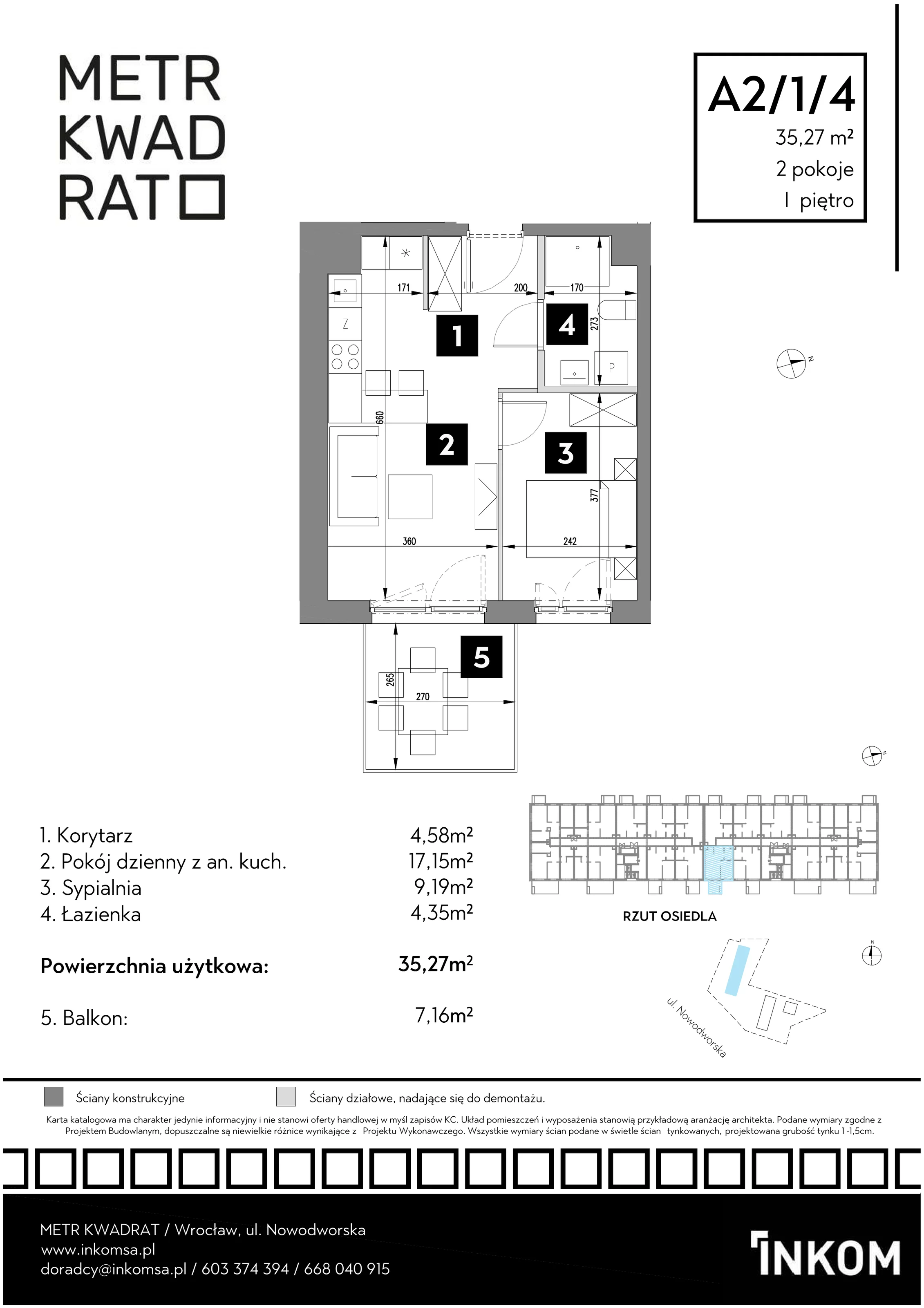Mieszkanie 35,27 m², piętro 1, oferta nr A2/1/4, Metr Kwadrat, Wrocław, Nowy Dwór, ul. Nowodworska 17B