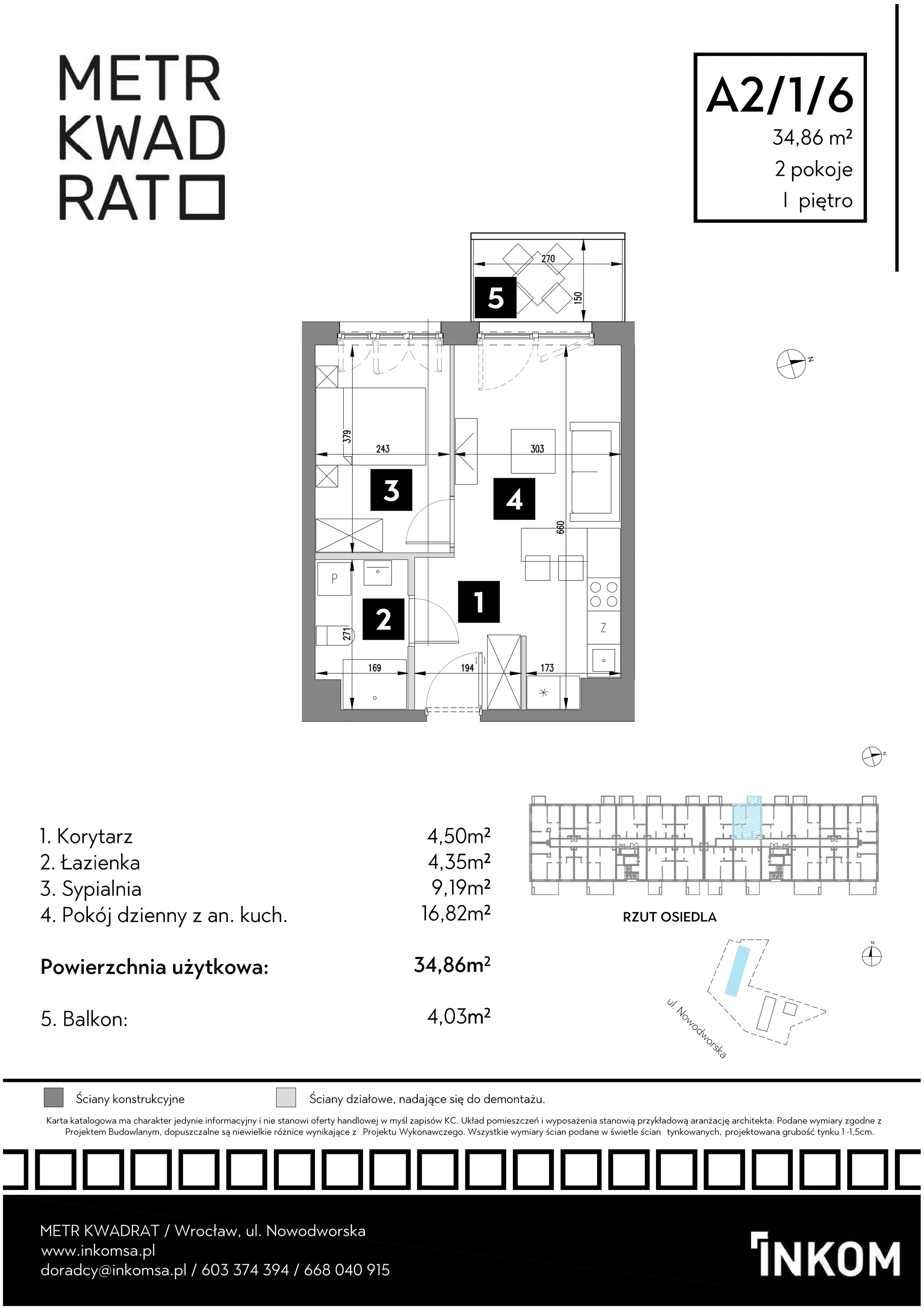 Mieszkanie 34,86 m², piętro 1, oferta nr A2/1/6, Metr Kwadrat, Wrocław, Nowy Dwór, ul. Nowodworska 17B