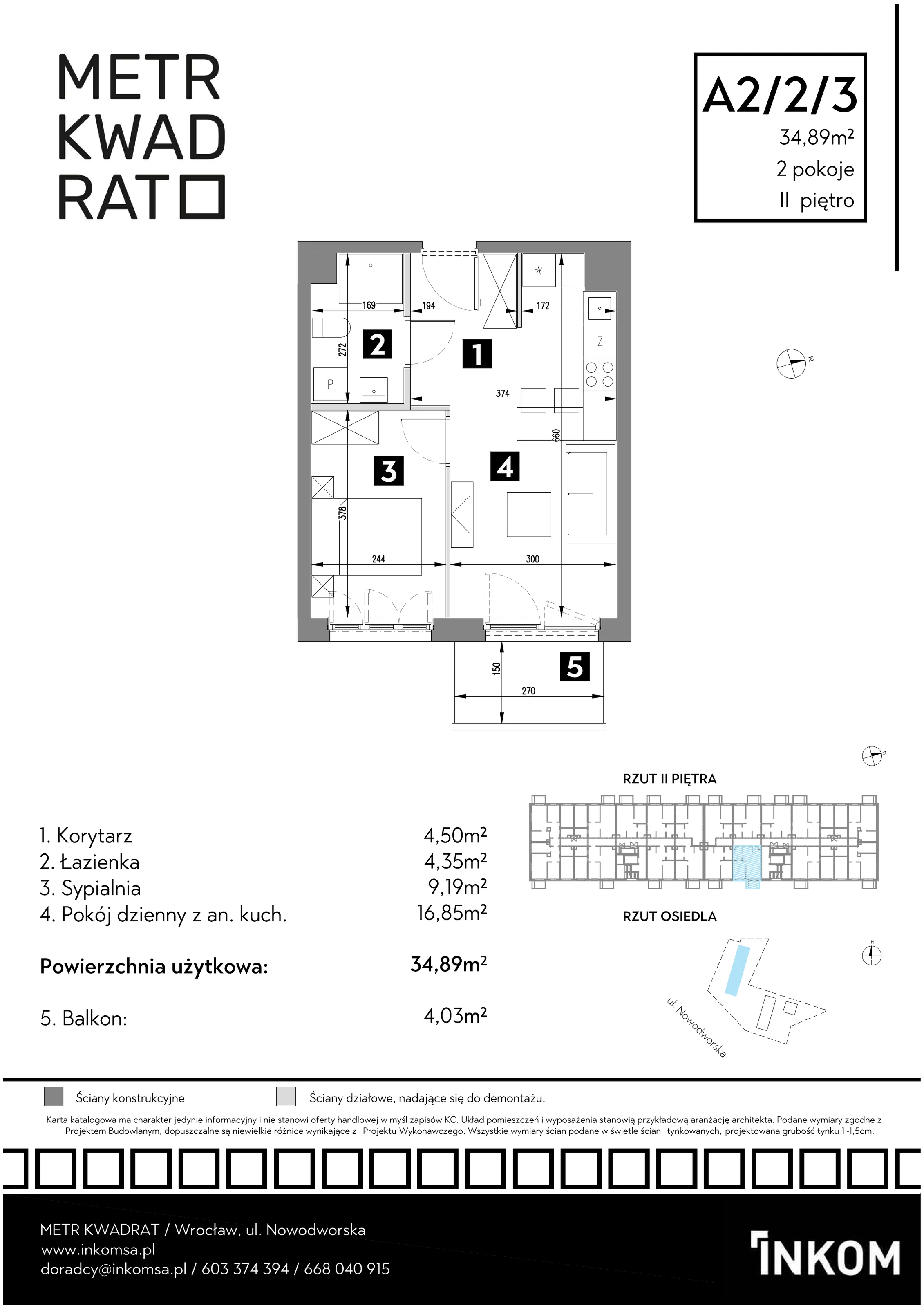 Mieszkanie 34,89 m², piętro 2, oferta nr A2/2/3, Metr Kwadrat, Wrocław, Nowy Dwór, ul. Nowodworska 17B