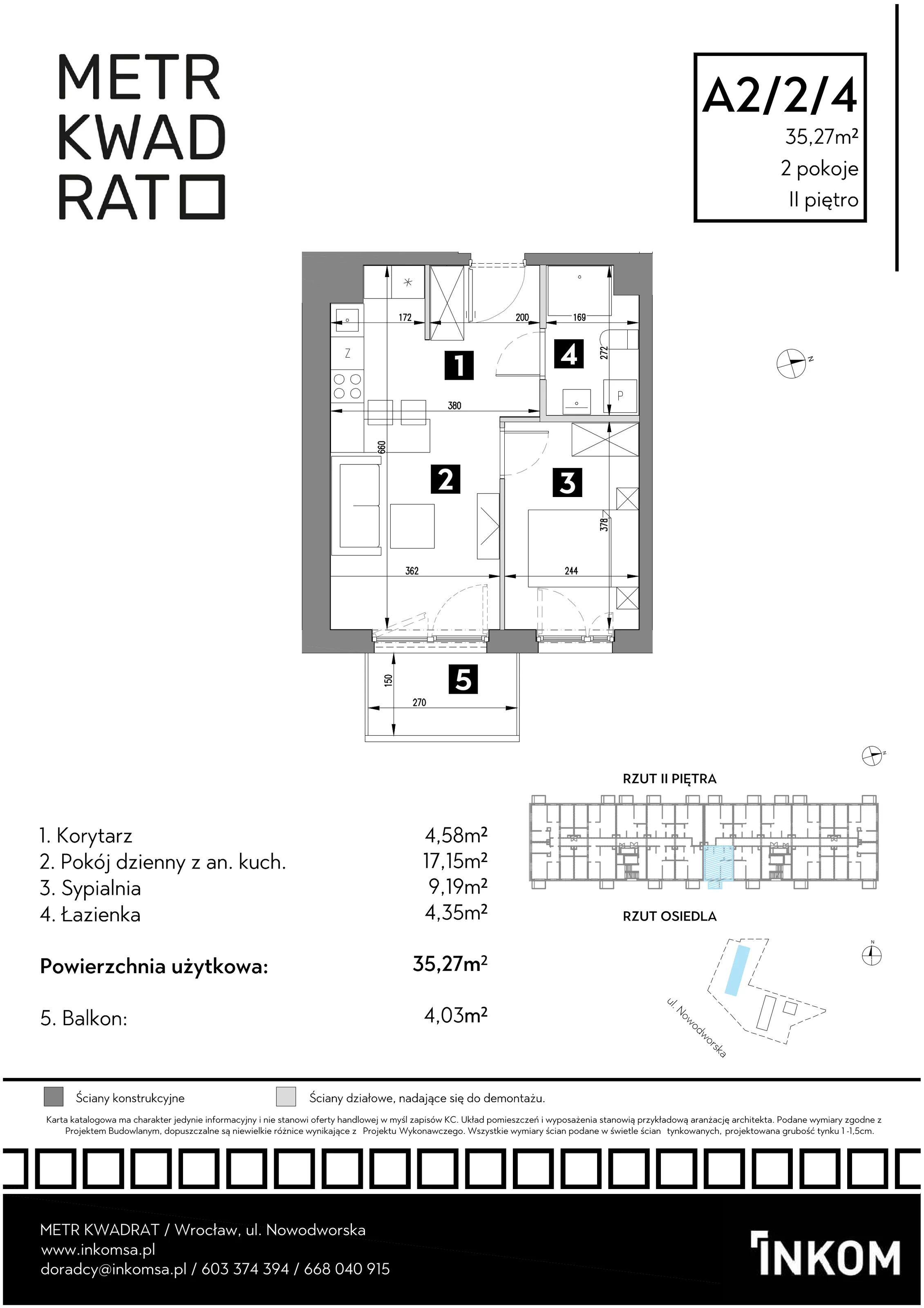 Mieszkanie 35,27 m², piętro 2, oferta nr A2/2/4, Metr Kwadrat, Wrocław, Nowy Dwór, ul. Nowodworska 17B