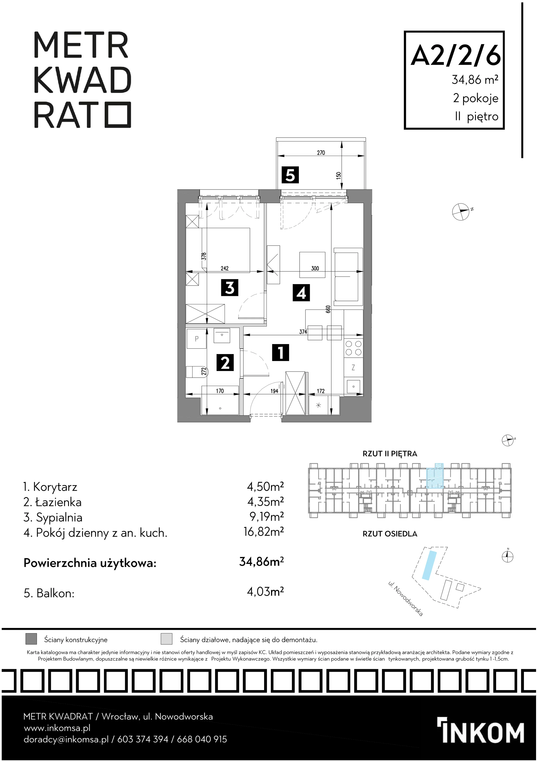 Mieszkanie 34,86 m², piętro 2, oferta nr A2/2/6, Metr Kwadrat, Wrocław, Nowy Dwór, ul. Nowodworska 17B