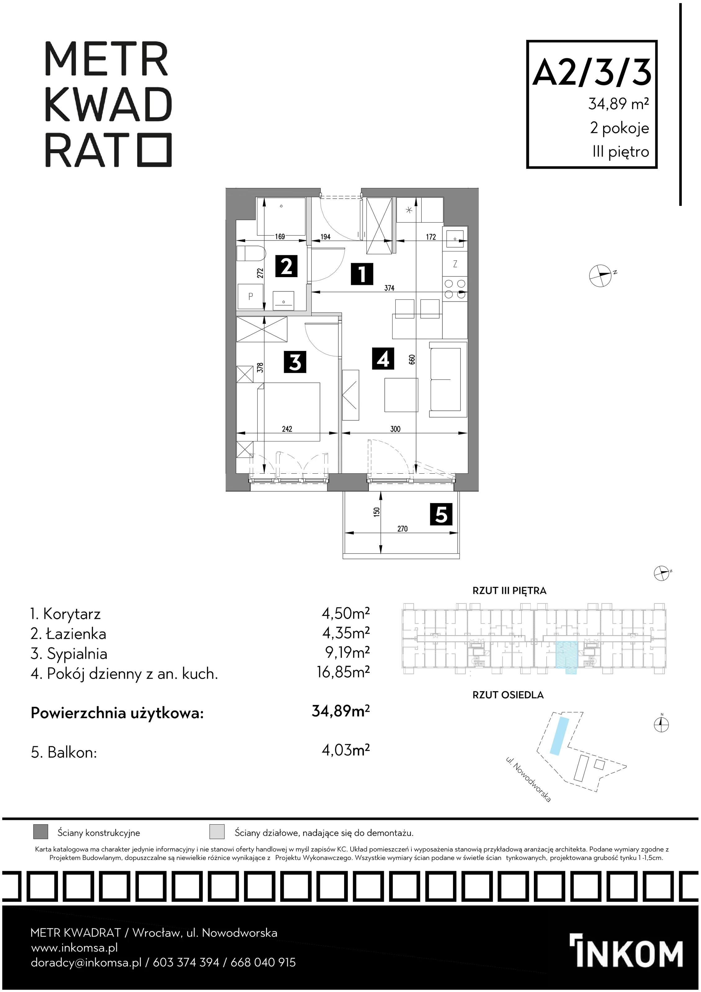 Mieszkanie 34,89 m², piętro 3, oferta nr A2/3/3, Metr Kwadrat, Wrocław, Nowy Dwór, ul. Nowodworska 17B