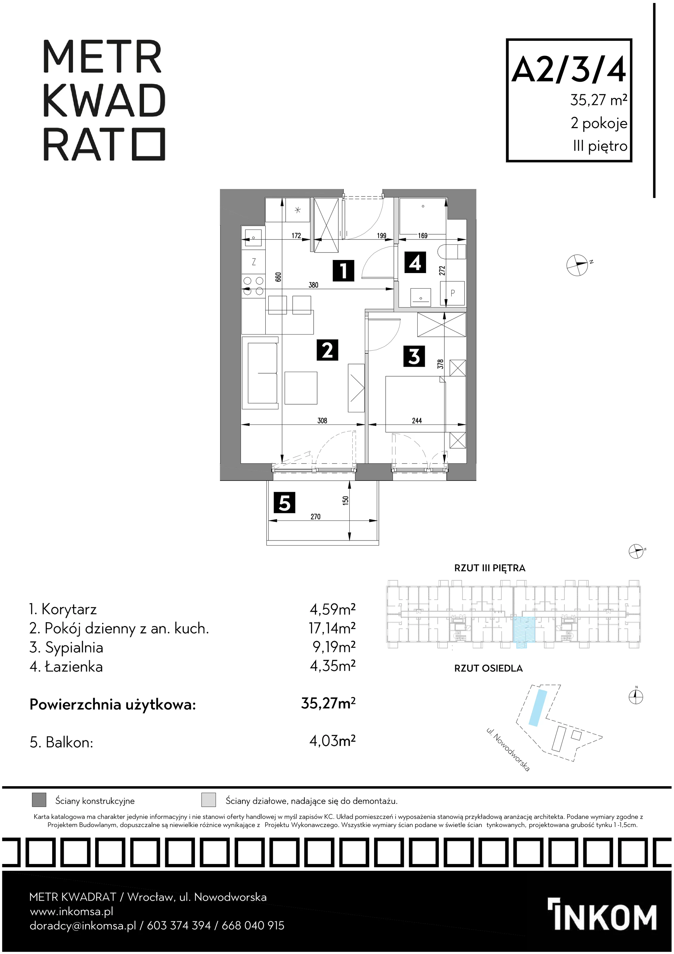 Mieszkanie 35,27 m², piętro 3, oferta nr A2/3/4, Metr Kwadrat, Wrocław, Nowy Dwór, ul. Nowodworska 17B