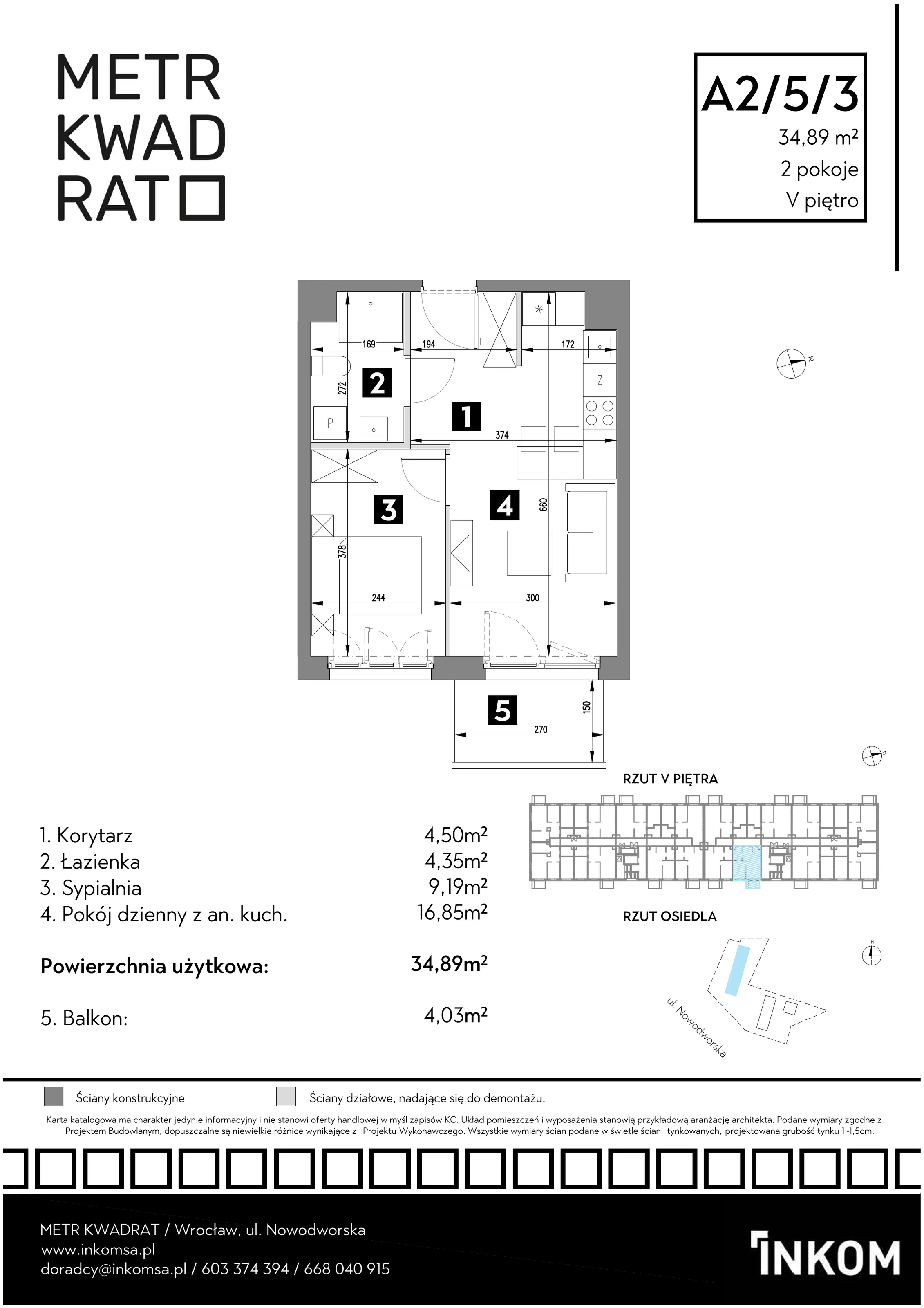 Mieszkanie 34,89 m², piętro 5, oferta nr A2/5/3, Metr Kwadrat, Wrocław, Nowy Dwór, ul. Nowodworska 17B