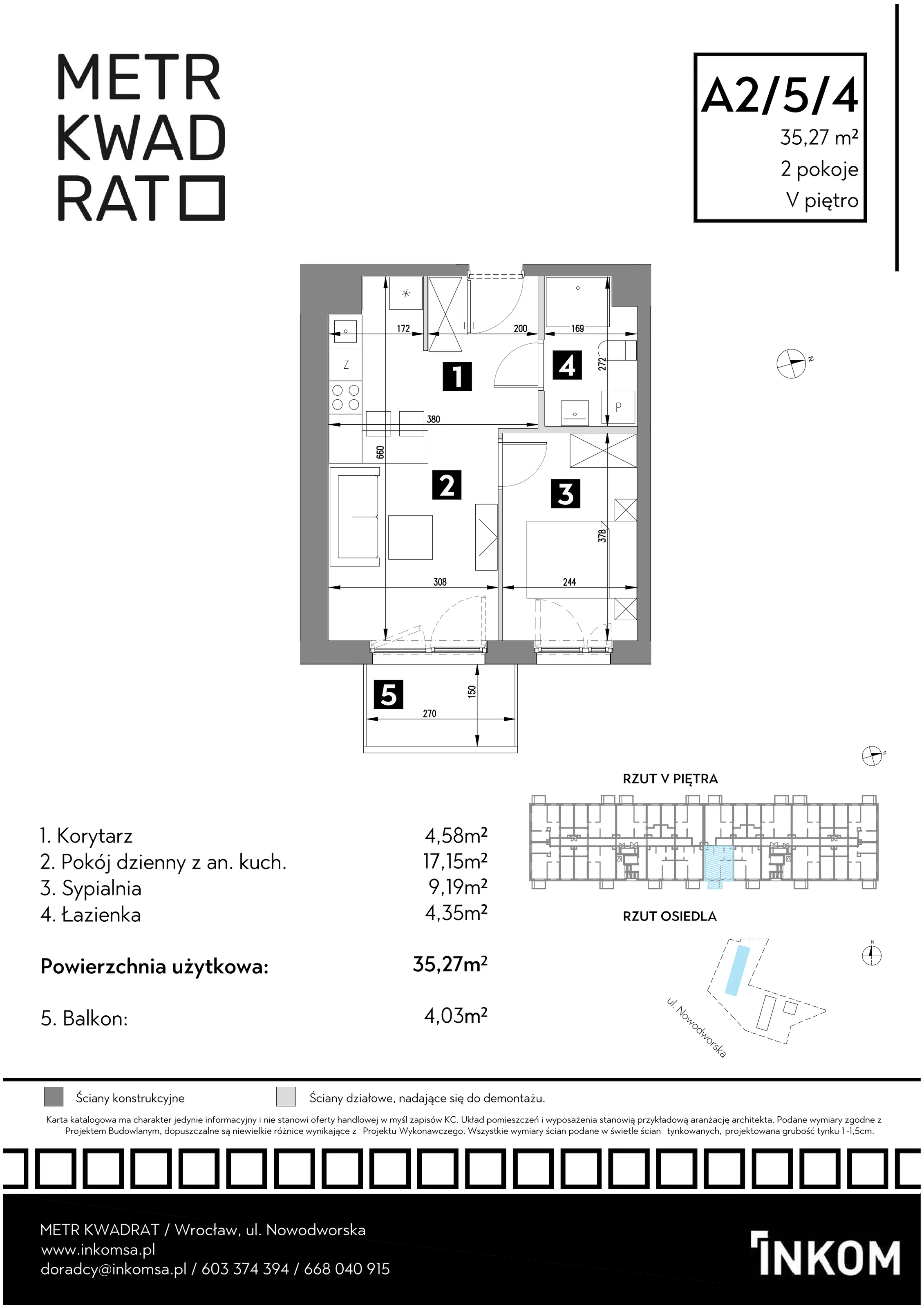 Mieszkanie 35,27 m², piętro 5, oferta nr A2/5/4, Metr Kwadrat, Wrocław, Nowy Dwór, ul. Nowodworska 17B