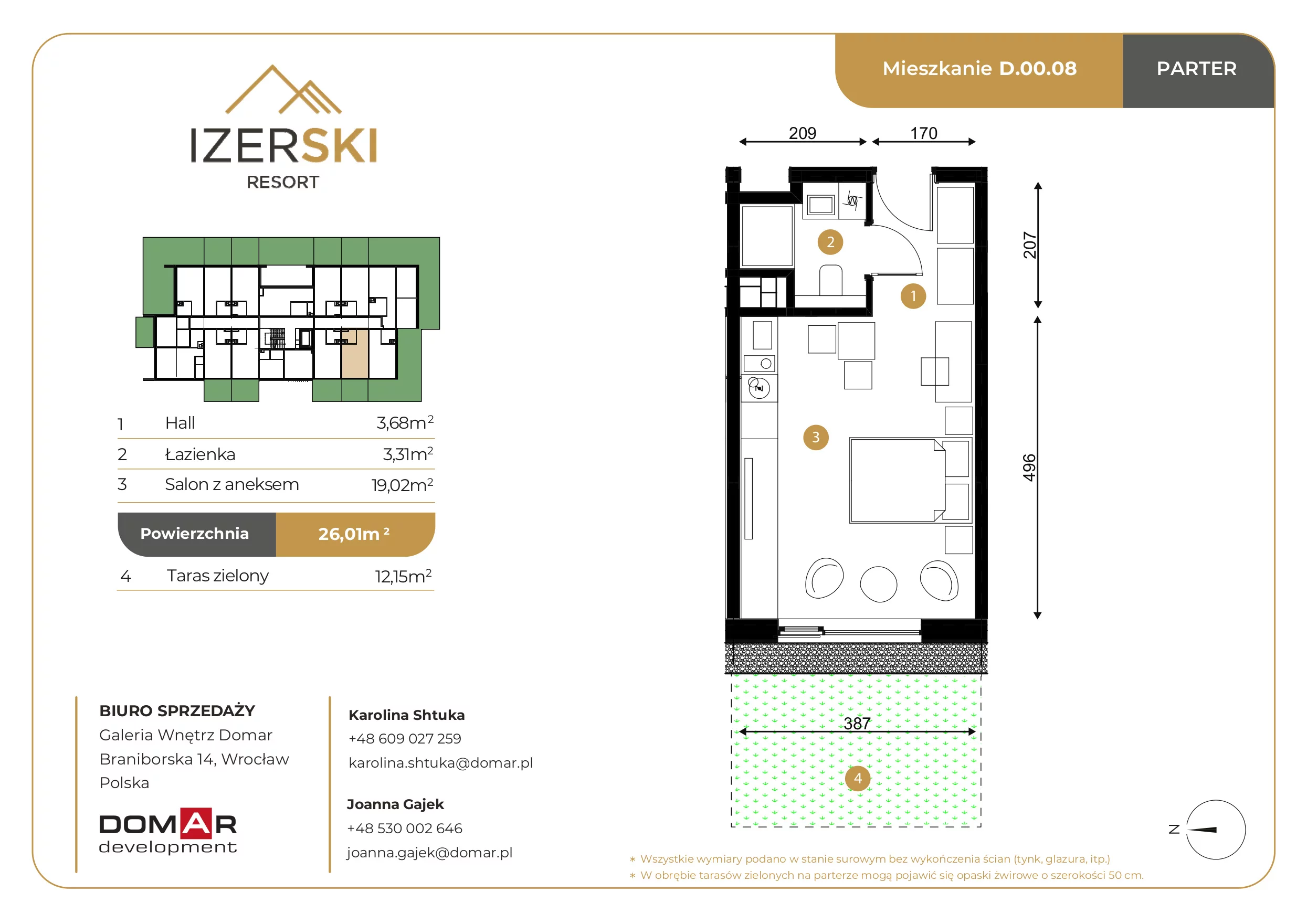 Apartament inwestycyjny 26,01 m², parter, oferta nr D.00.08, IzerSKI Resort, Świeradów-Zdrój, ul. Jana Kilińskiego 2