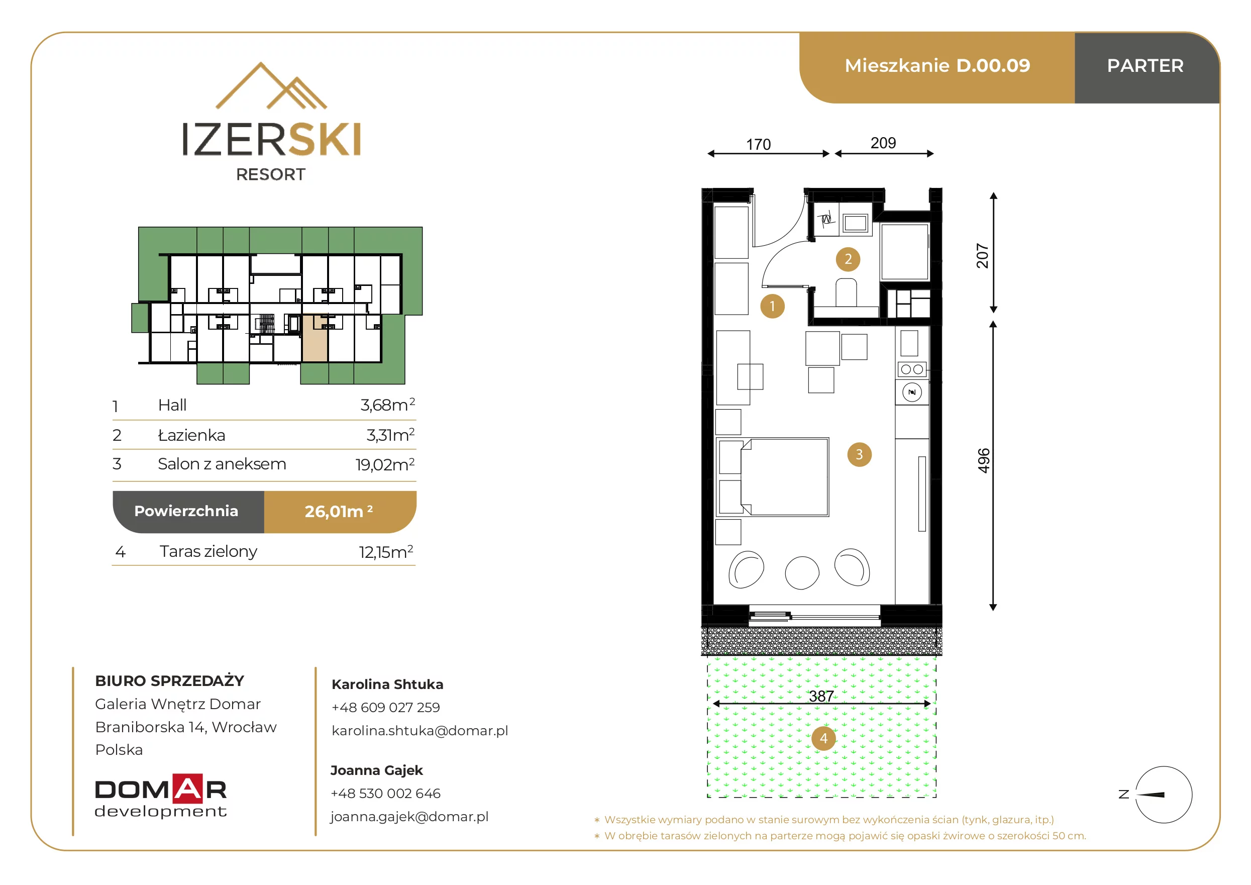 Apartament inwestycyjny 26,01 m², parter, oferta nr D.00.09, IzerSKI Resort, Świeradów-Zdrój, ul. Jana Kilińskiego 2