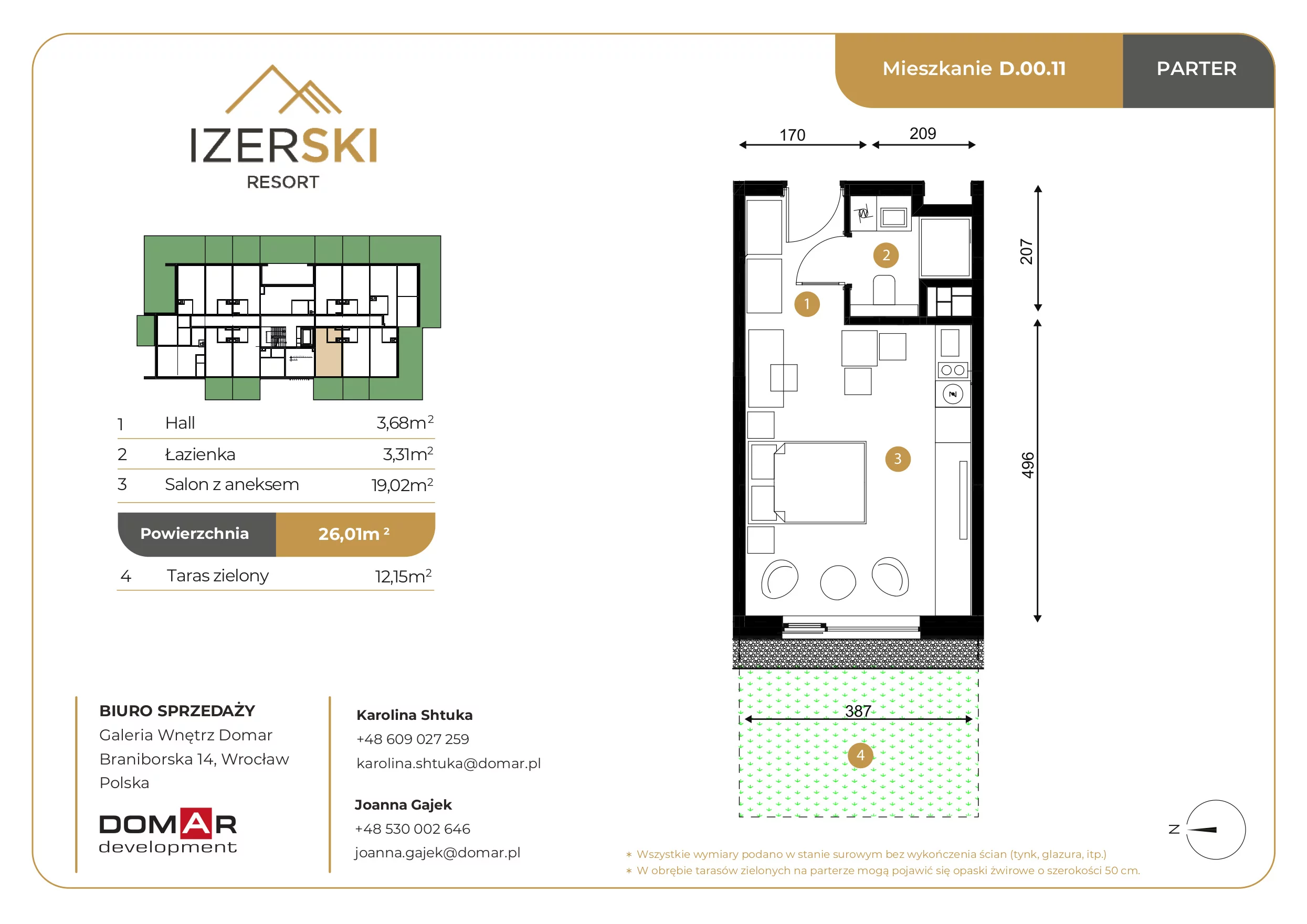 Apartament inwestycyjny 26,01 m², parter, oferta nr D.00.11, IzerSKI Resort, Świeradów-Zdrój, ul. Jana Kilińskiego 2