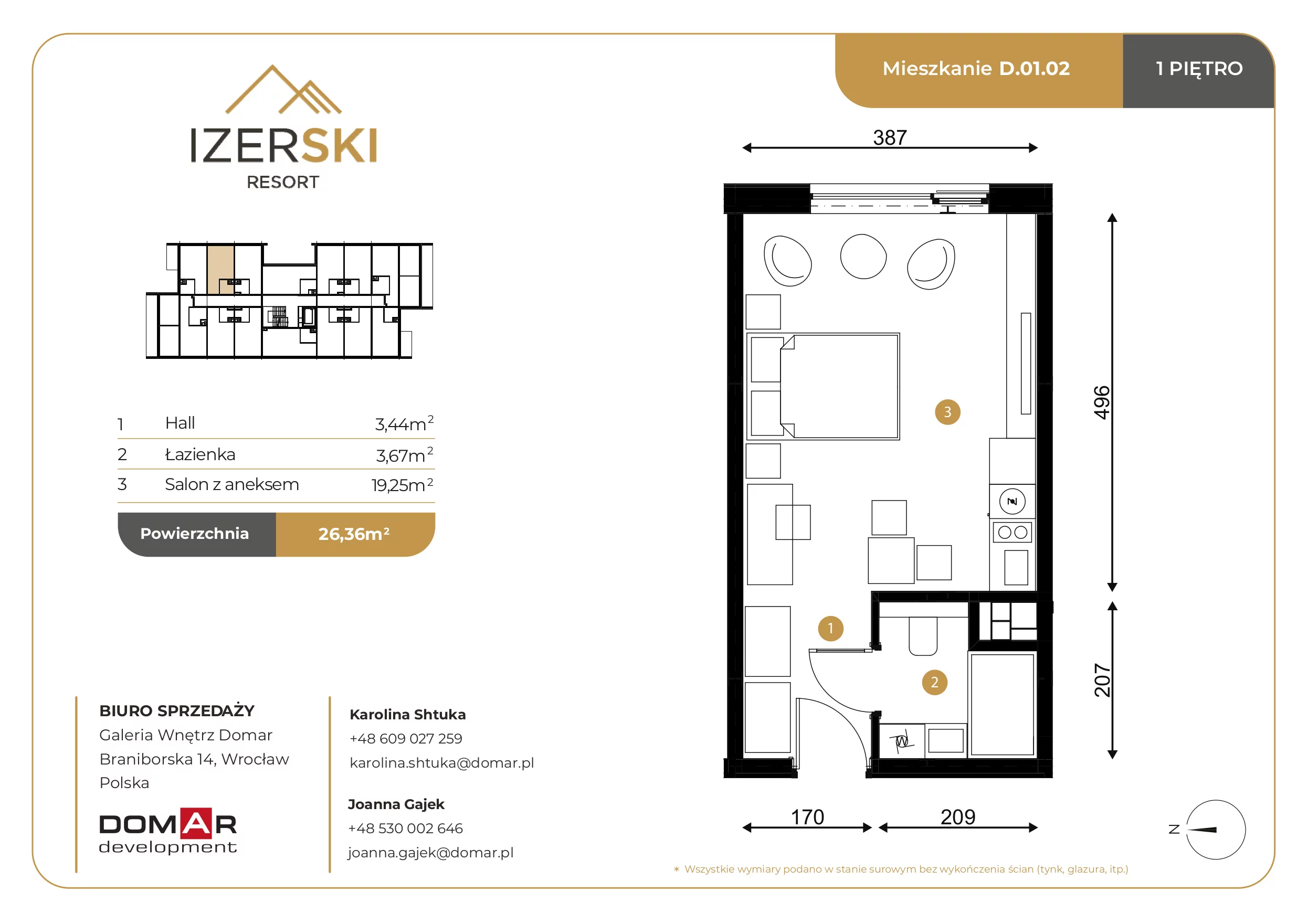 Apartament inwestycyjny 26,37 m², piętro 1, oferta nr D.01.02, IzerSKI Resort, Świeradów-Zdrój, ul. Jana Kilińskiego 2