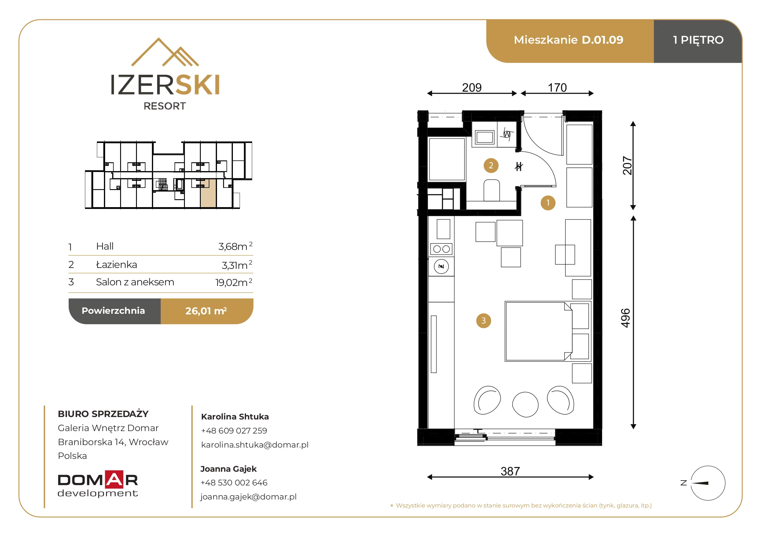 Apartament inwestycyjny 26,01 m², piętro 1, oferta nr D.01.09, IzerSKI Resort, Świeradów-Zdrój, ul. Jana Kilińskiego 2