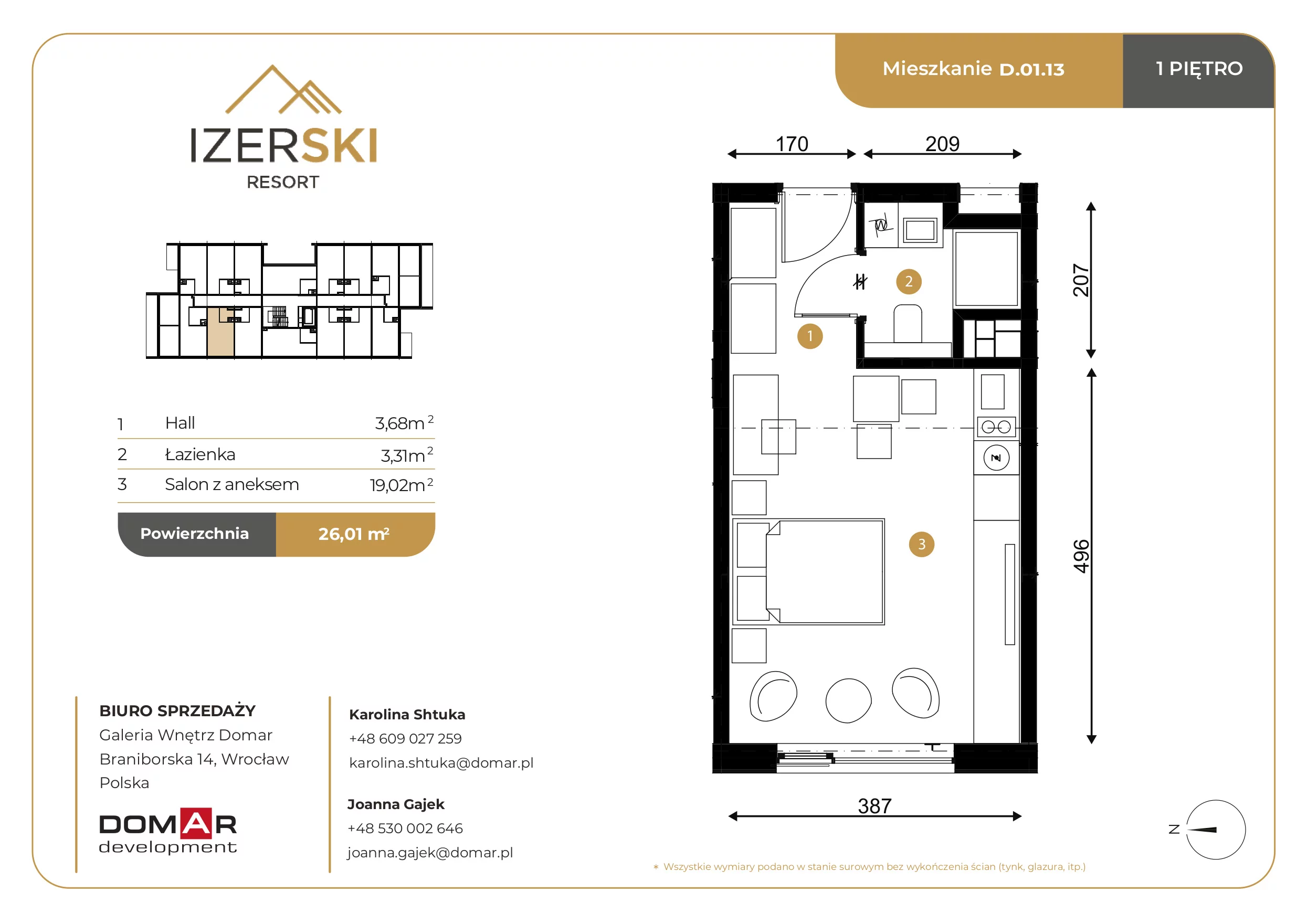 Apartament inwestycyjny 26,01 m², piętro 1, oferta nr D.01.13, IzerSKI Resort, Świeradów-Zdrój, ul. Jana Kilińskiego 2