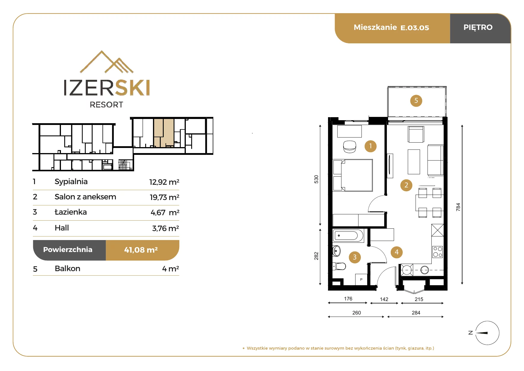Apartament inwestycyjny 41,08 m², piętro 3, oferta nr E.03.05, IzerSKI Resort, Świeradów-Zdrój, ul. Jana Kilińskiego 2