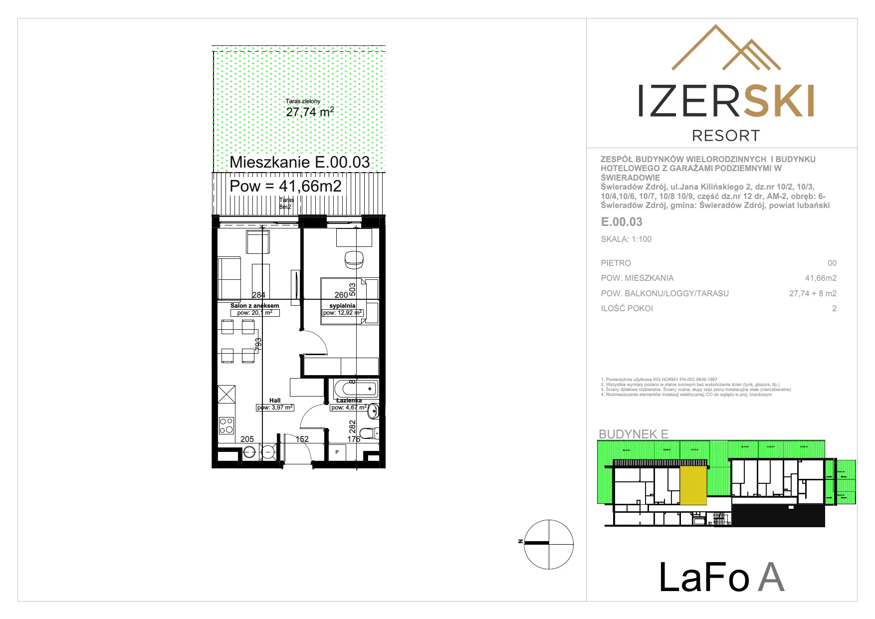 Apartament inwestycyjny 41,66 m², parter, oferta nr E.00.03, IzerSKI Resort, Świeradów-Zdrój, ul. Jana Kilińskiego 2