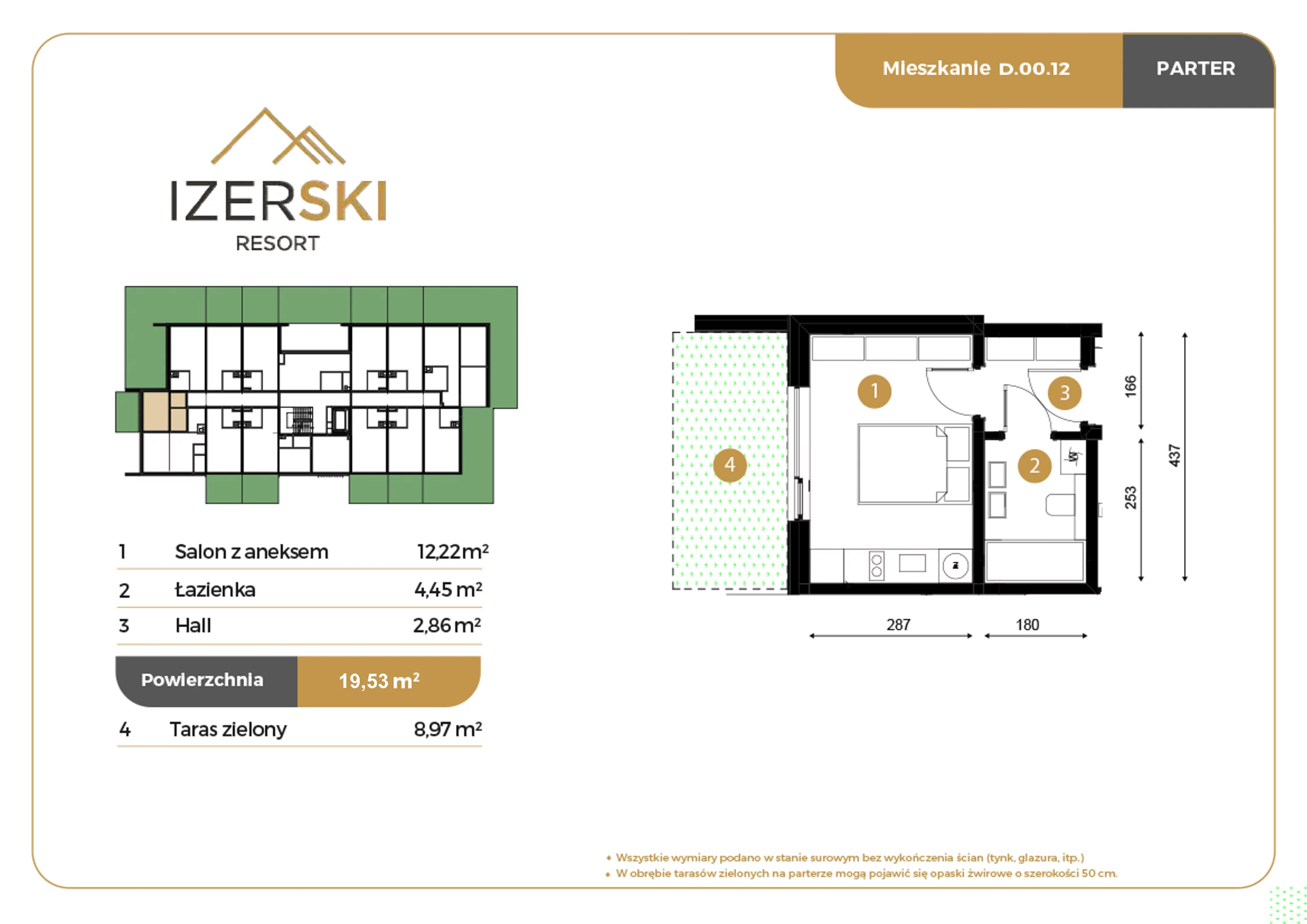 1 pokój, apartament inwestycyjny 19,53 m², parter, oferta nr D.00.12, IzerSKI Resort, Świeradów-Zdrój, ul. Jana Kilińskiego 2