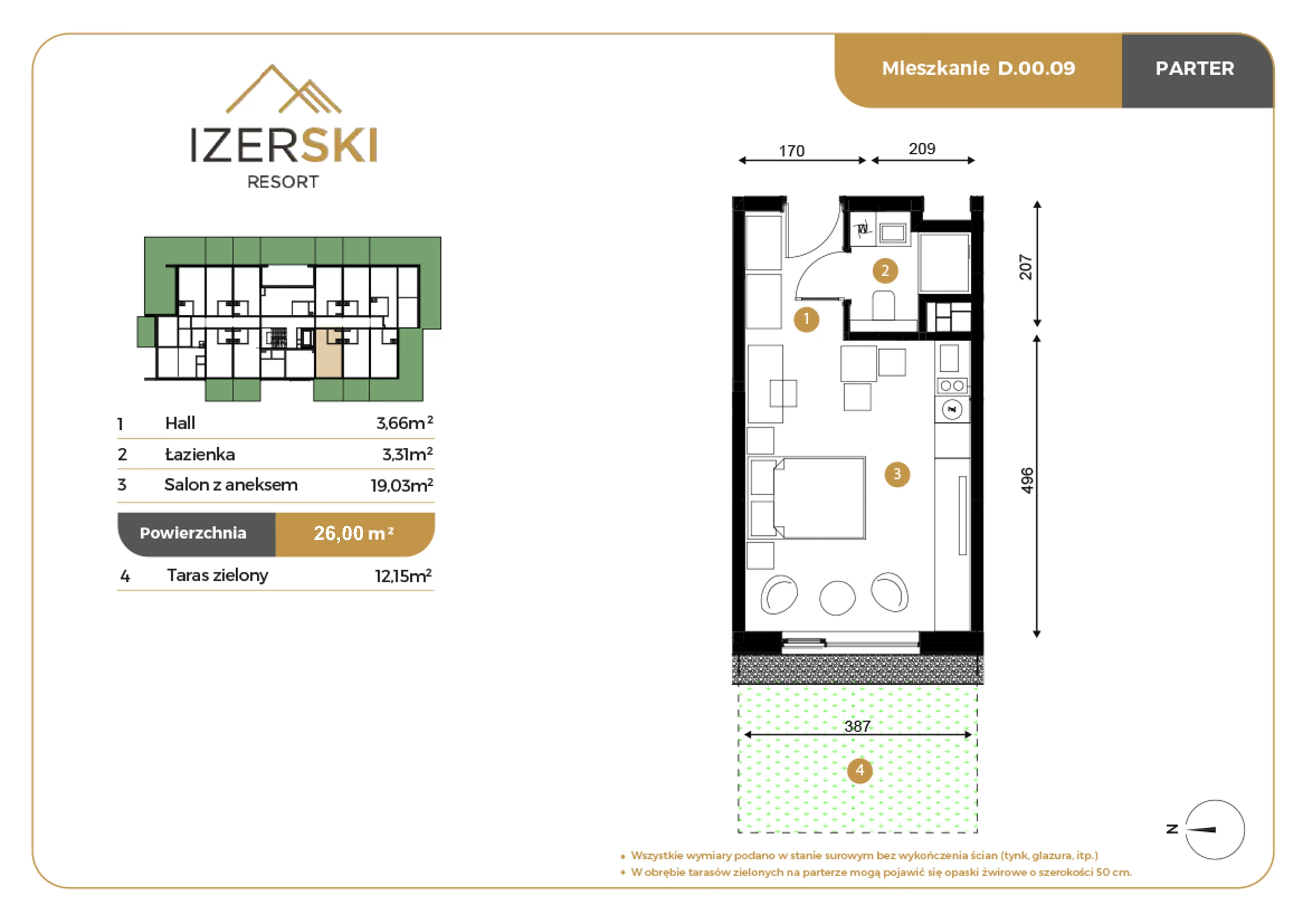 Apartament inwestycyjny 26,00 m², parter, oferta nr D.00.09, IzerSKI Resort, Świeradów-Zdrój, ul. Jana Kilińskiego 2