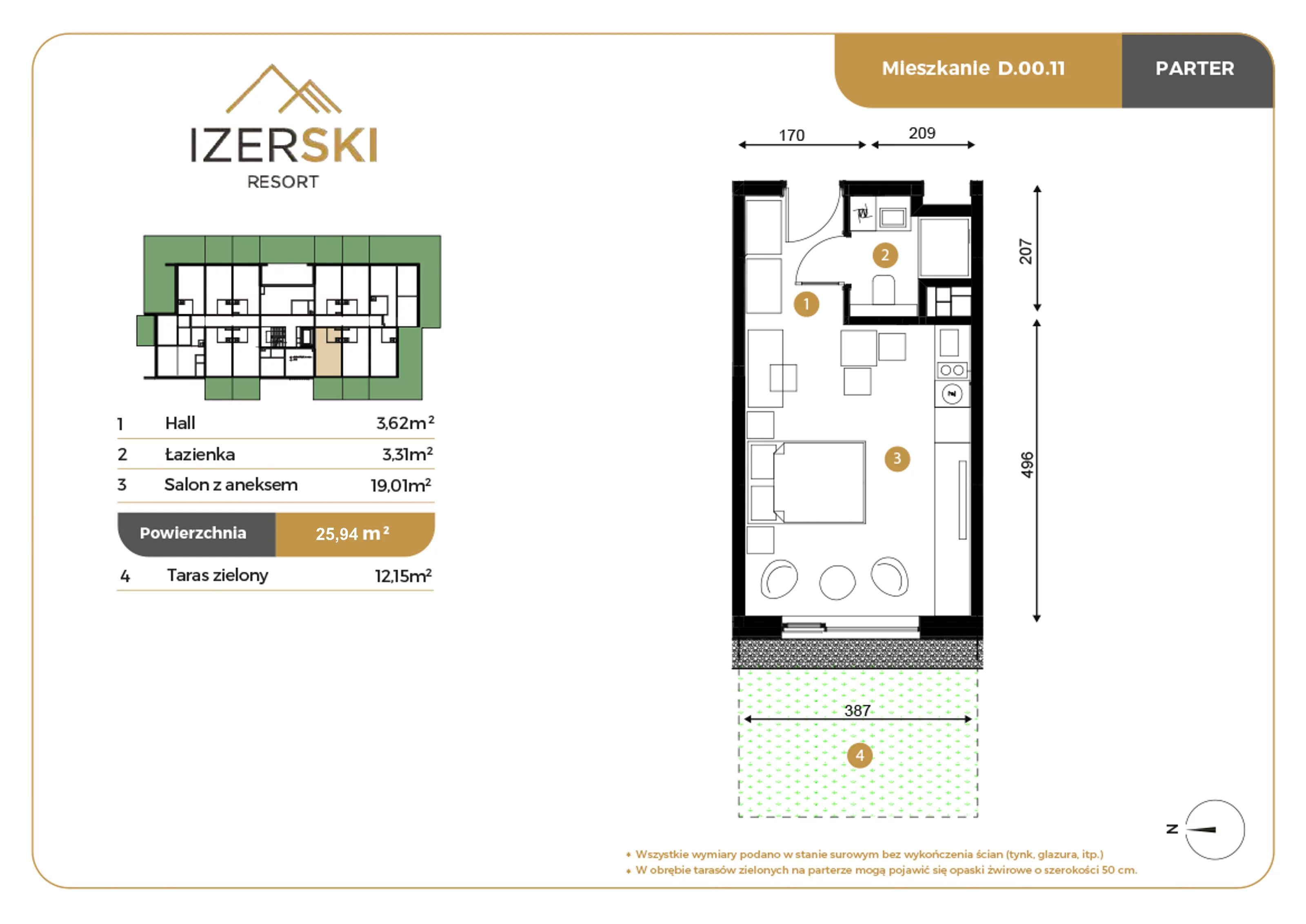 Apartament inwestycyjny 25,94 m², parter, oferta nr D.00.11, IzerSKI Resort, Świeradów-Zdrój, ul. Jana Kilińskiego 2