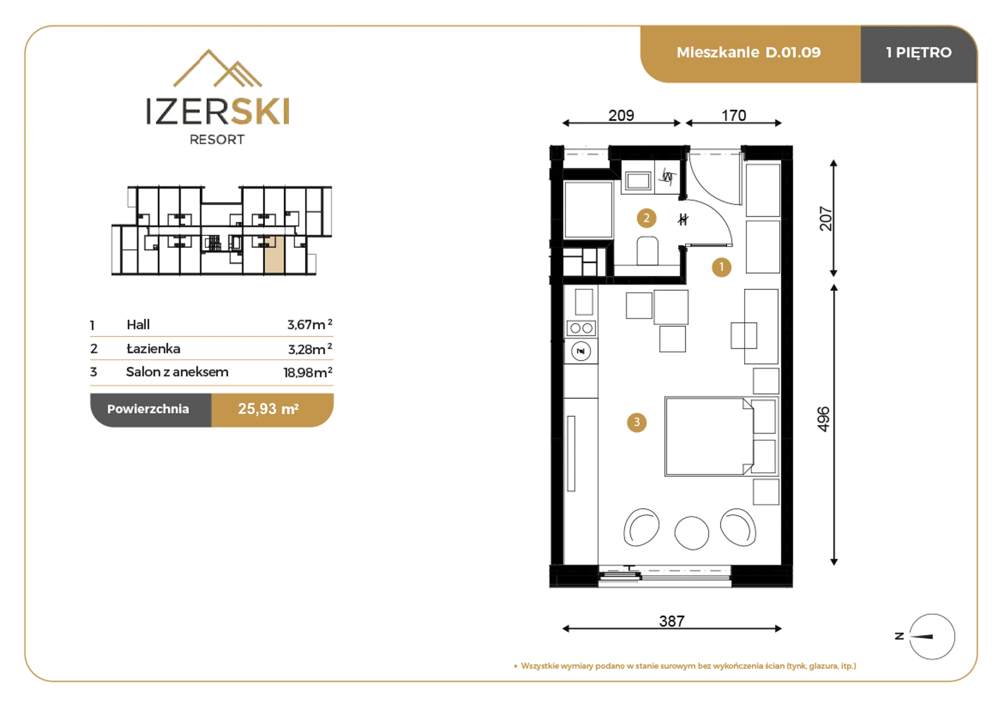 Apartament inwestycyjny 25,93 m², piętro 1, oferta nr D.01.09, IzerSKI Resort, Świeradów-Zdrój, ul. Jana Kilińskiego 2