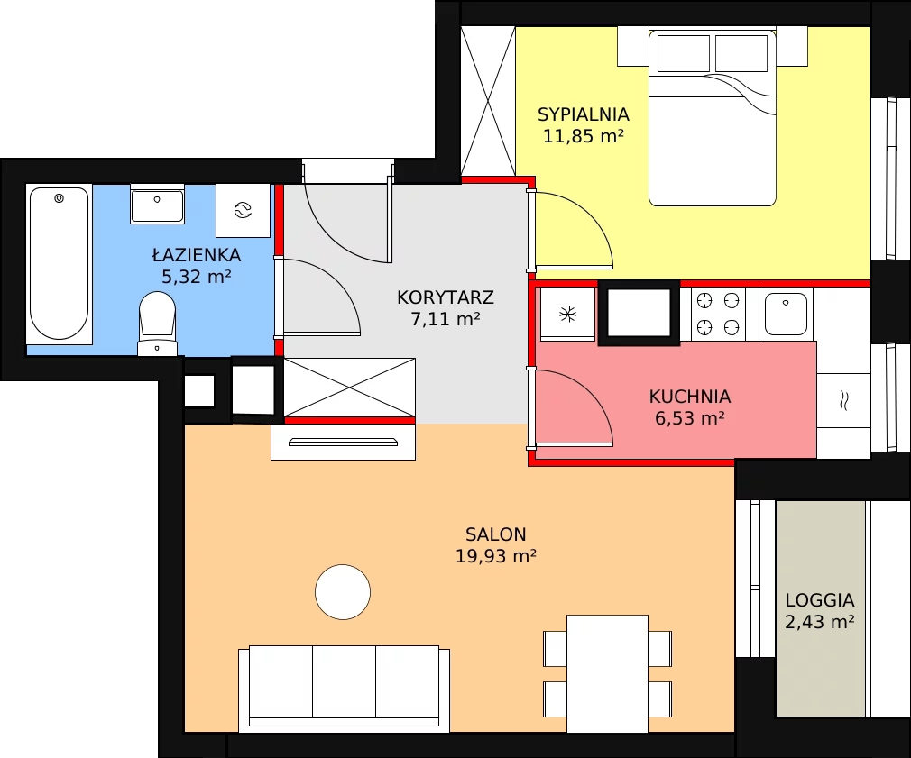 2 pokoje, mieszkanie 51,37 m², piętro 1, oferta nr E2/42, Fama Jeżyce - Etap 3, Poznań, Jeżyce, ul. Dąbrowskiego 81/85