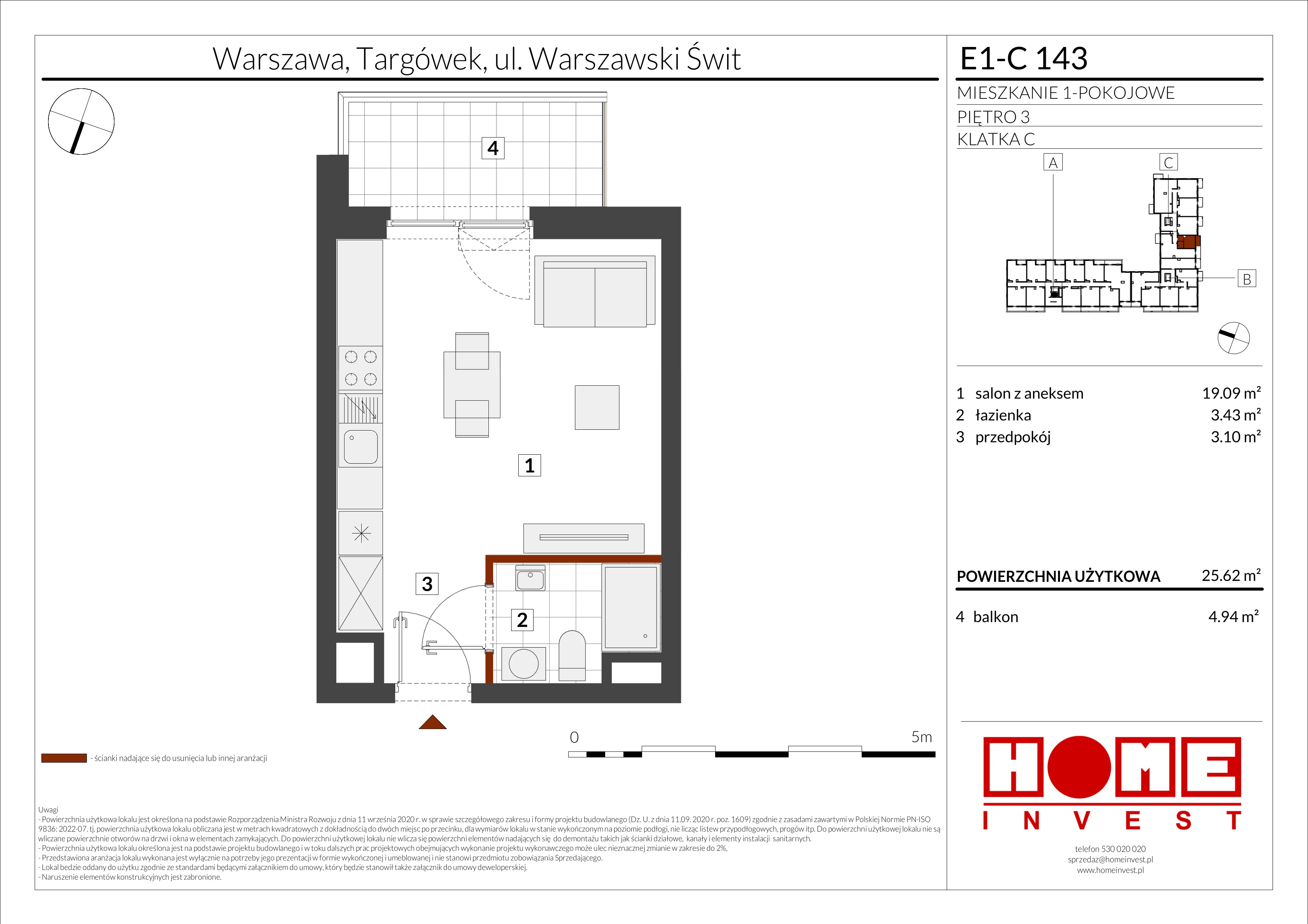 1 pokój, mieszkanie 25,62 m², piętro 3, oferta nr E1-C143, Warszawski Świt Etap X, Warszawa, Targówek, Bródno, ul. Warszawski Świt