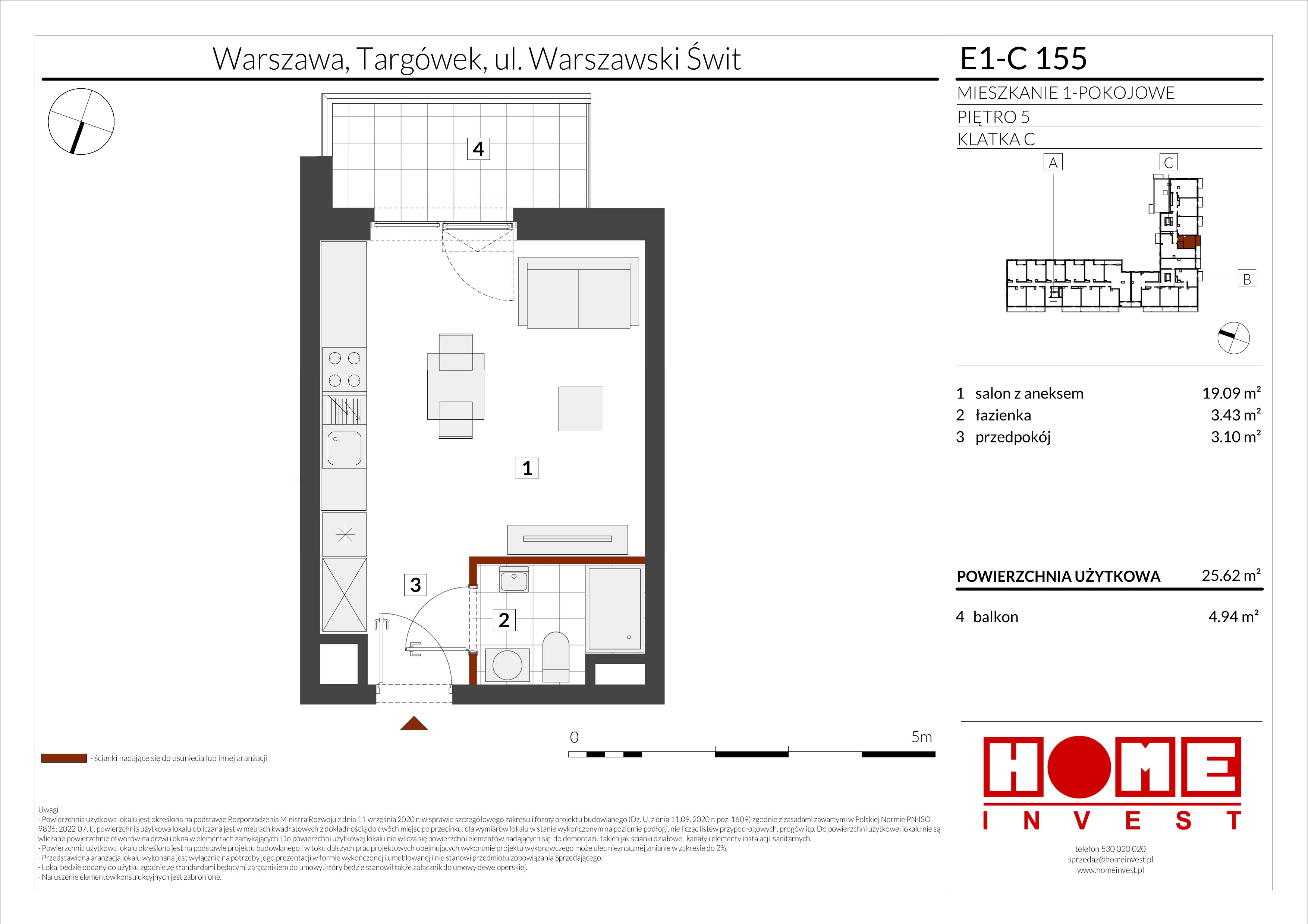 1 pokój, mieszkanie 25,62 m², piętro 5, oferta nr E1-C155, Warszawski Świt Etap X, Warszawa, Targówek, Bródno, ul. Warszawski Świt
