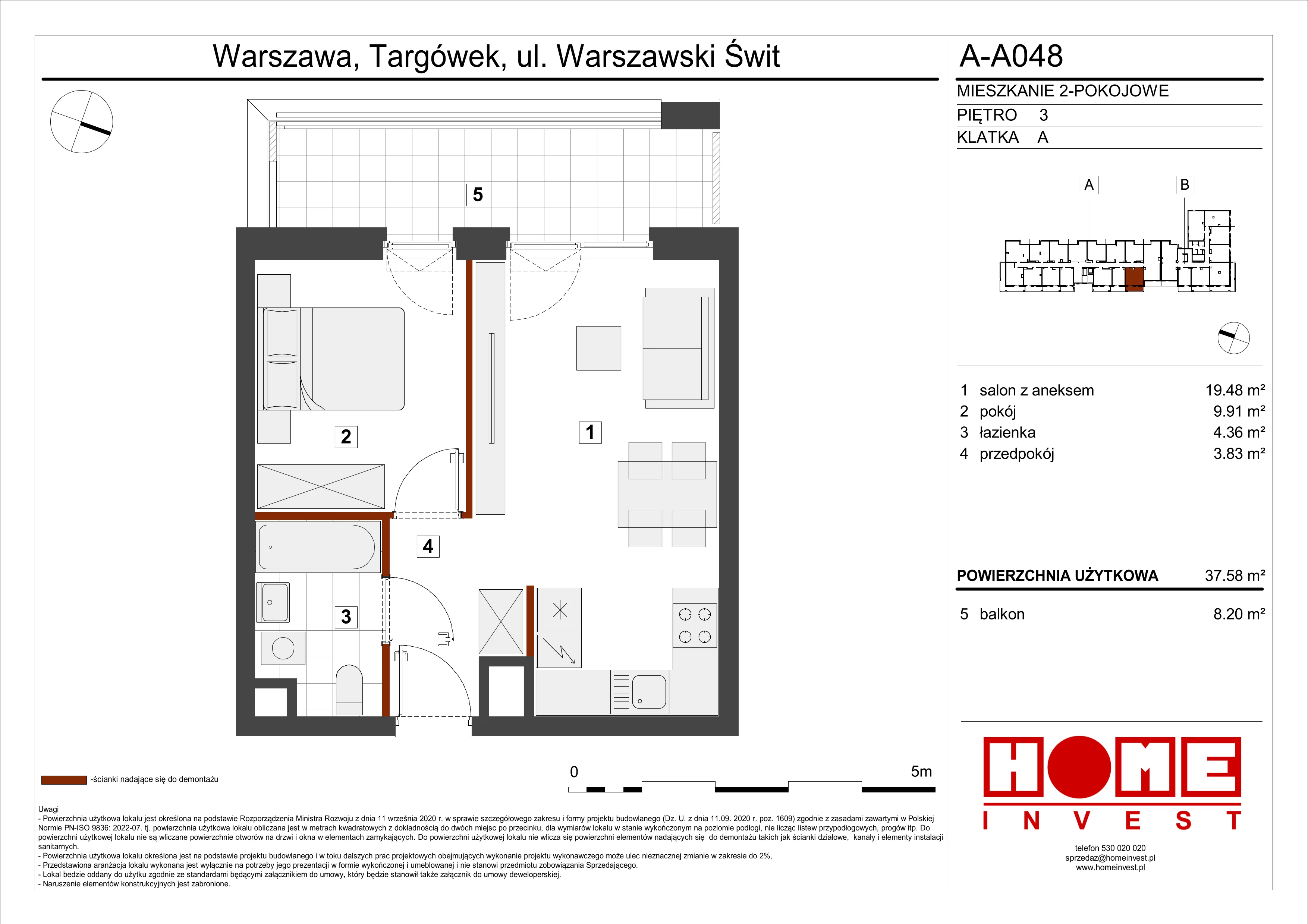 Mieszkanie 37,58 m², piętro 3, oferta nr A-A048, Warszawski Świt, Warszawa, Targówek, Bródno, ul. Warszawski Świt 5