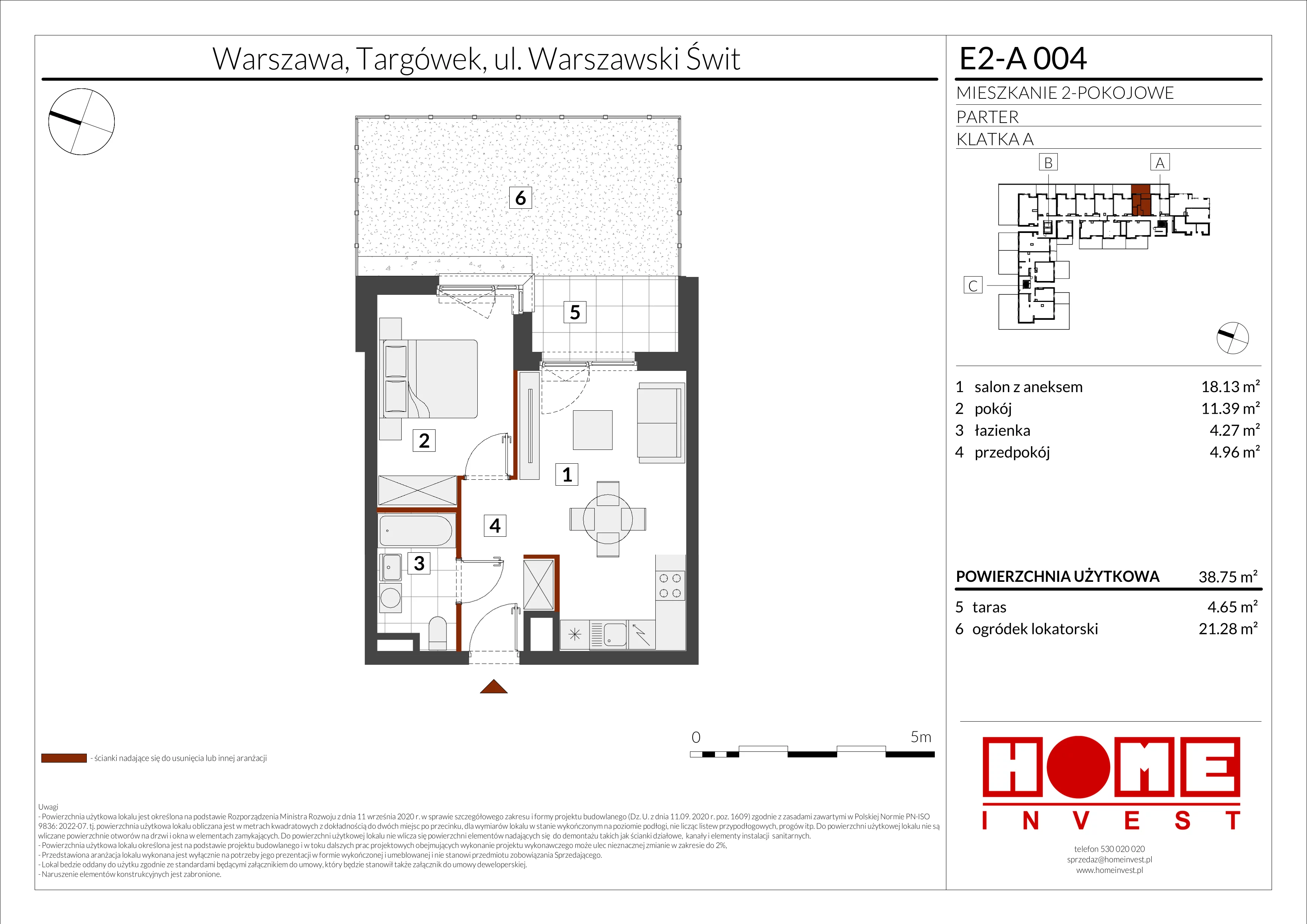 2 pokoje, mieszkanie 38,75 m², parter, oferta nr E2-A004, Warszawski Świt Etap XI, Warszawa, Targówek, Bródno, ul. Warszawski Świt