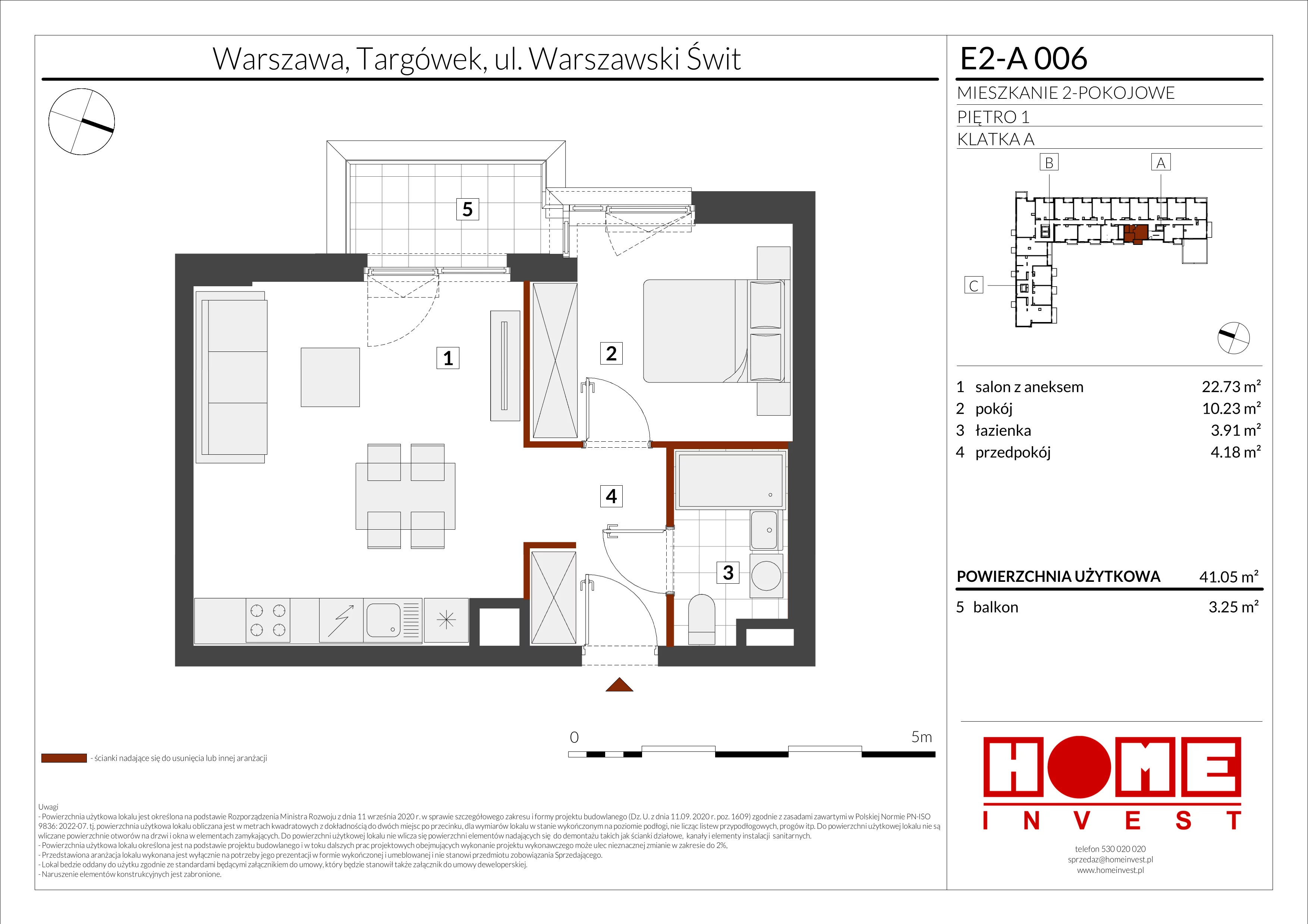 2 pokoje, mieszkanie 41,05 m², piętro 1, oferta nr E2-A006, Warszawski Świt Etap XI, Warszawa, Targówek, Bródno, ul. Warszawski Świt