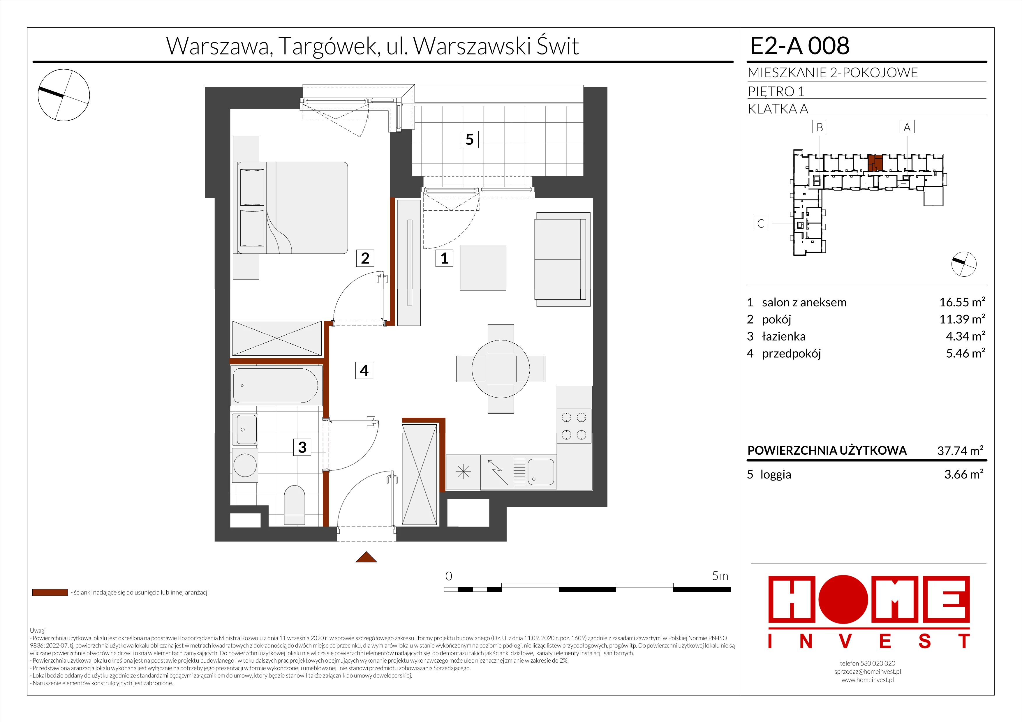 2 pokoje, mieszkanie 37,74 m², piętro 1, oferta nr E2-A008, Warszawski Świt Etap XI, Warszawa, Targówek, Bródno, ul. Warszawski Świt