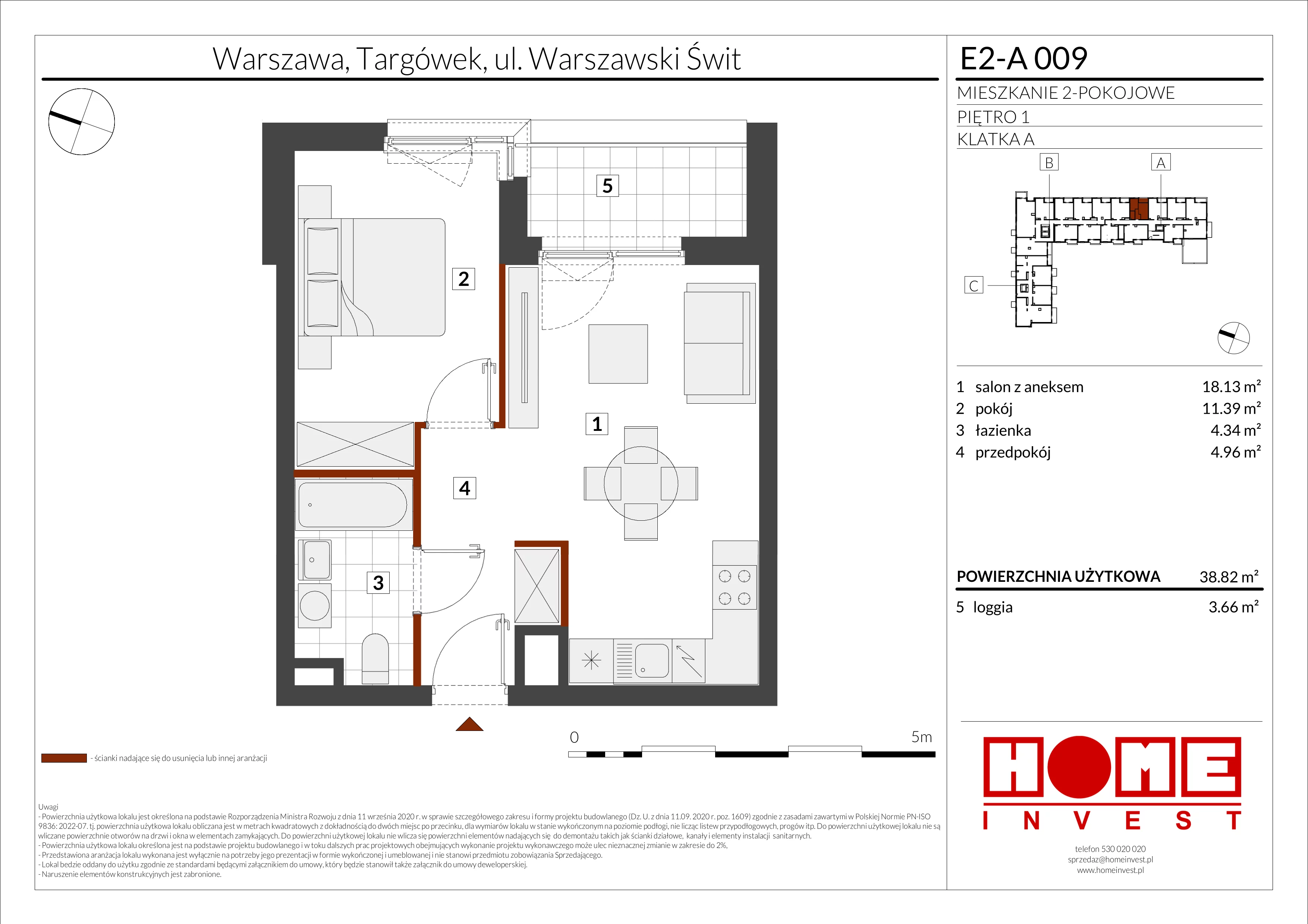 2 pokoje, mieszkanie 38,82 m², piętro 1, oferta nr E2-A009, Warszawski Świt Etap XI, Warszawa, Targówek, Bródno, ul. Warszawski Świt