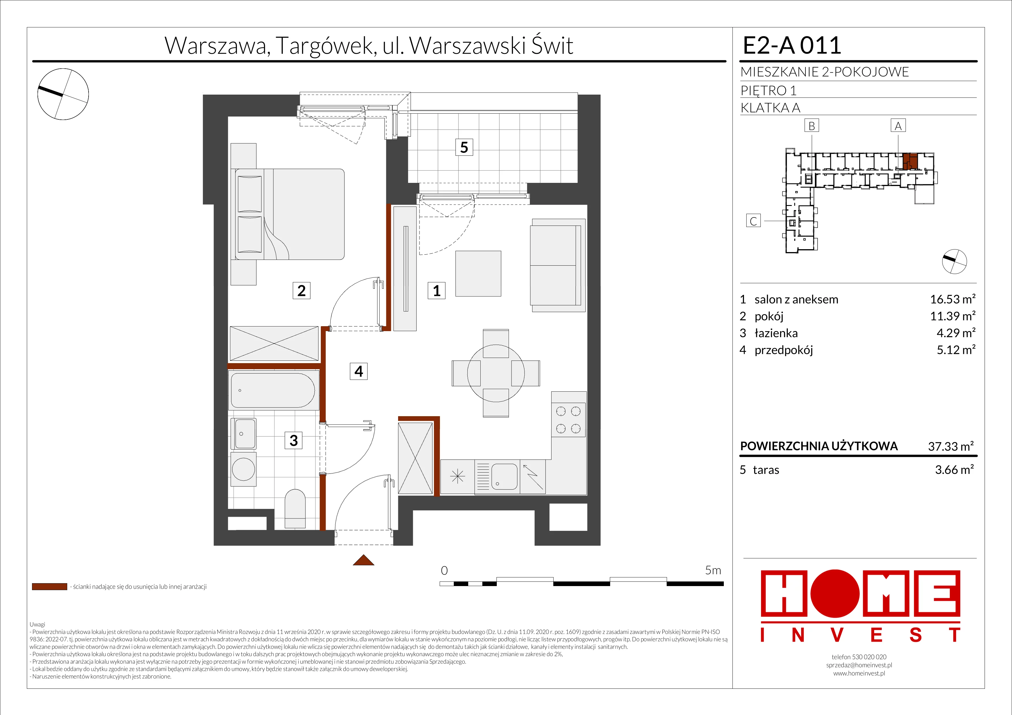2 pokoje, mieszkanie 37,33 m², piętro 1, oferta nr E2-A011, Warszawski Świt Etap XI, Warszawa, Targówek, Bródno, ul. Warszawski Świt
