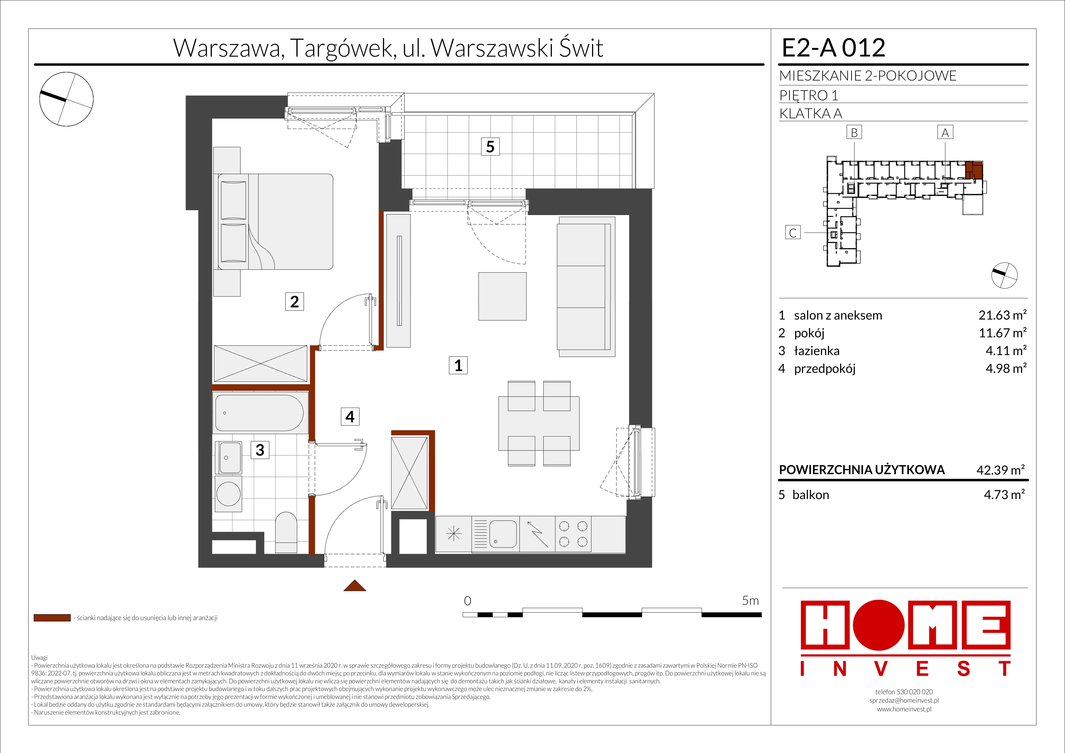 2 pokoje, mieszkanie 42,39 m², piętro 1, oferta nr E2-A012, Warszawski Świt Etap XI, Warszawa, Targówek, Bródno, ul. Warszawski Świt