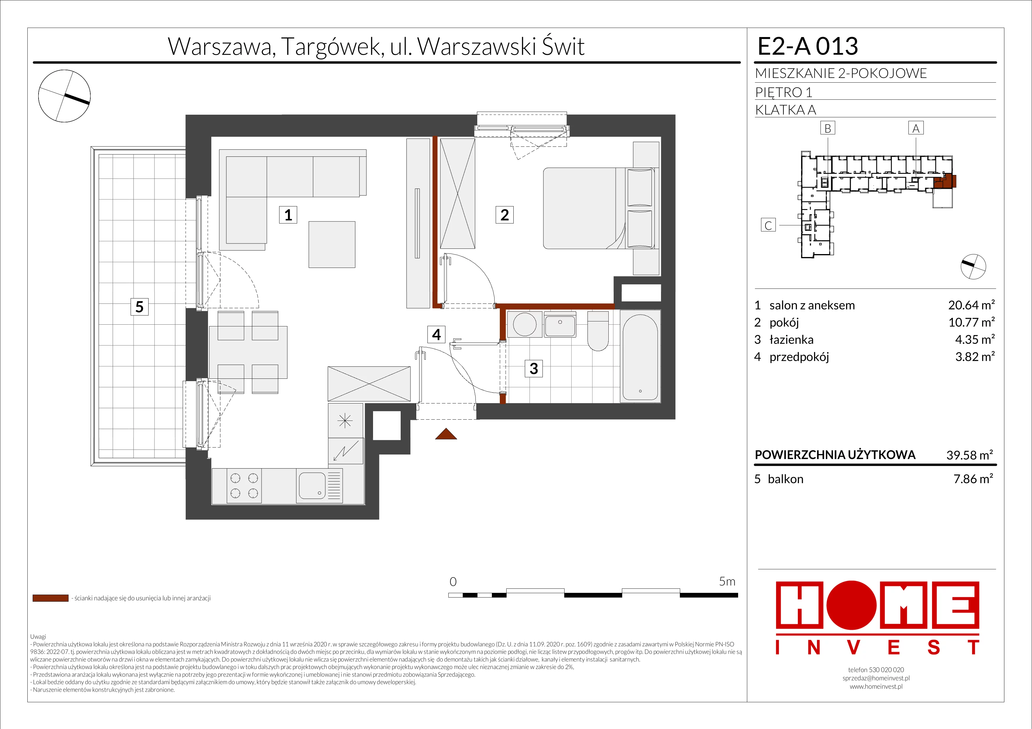 2 pokoje, mieszkanie 39,58 m², piętro 1, oferta nr E2-A013, Warszawski Świt Etap XI, Warszawa, Targówek, Bródno, ul. Warszawski Świt