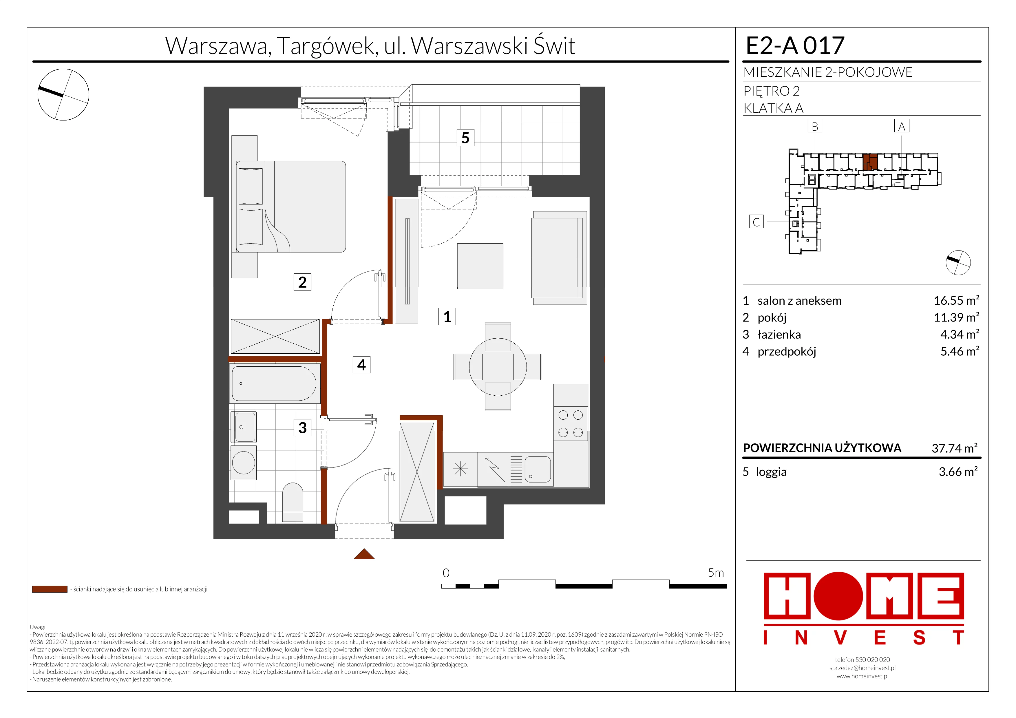 2 pokoje, mieszkanie 37,74 m², piętro 2, oferta nr E2-A017, Warszawski Świt Etap XI, Warszawa, Targówek, Bródno, ul. Warszawski Świt