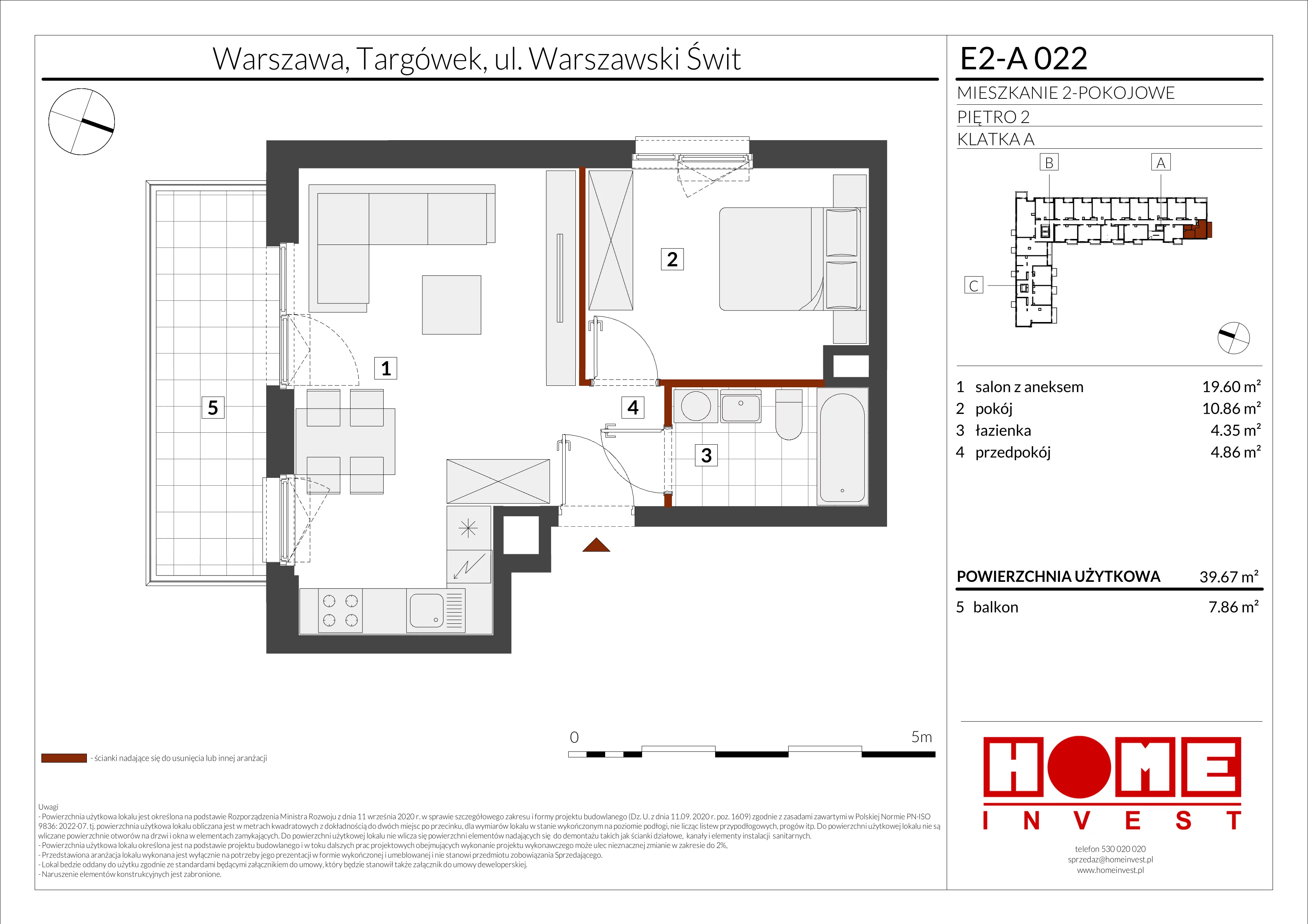 2 pokoje, mieszkanie 39,67 m², piętro 2, oferta nr E2-A022, Warszawski Świt Etap XI, Warszawa, Targówek, Bródno, ul. Warszawski Świt