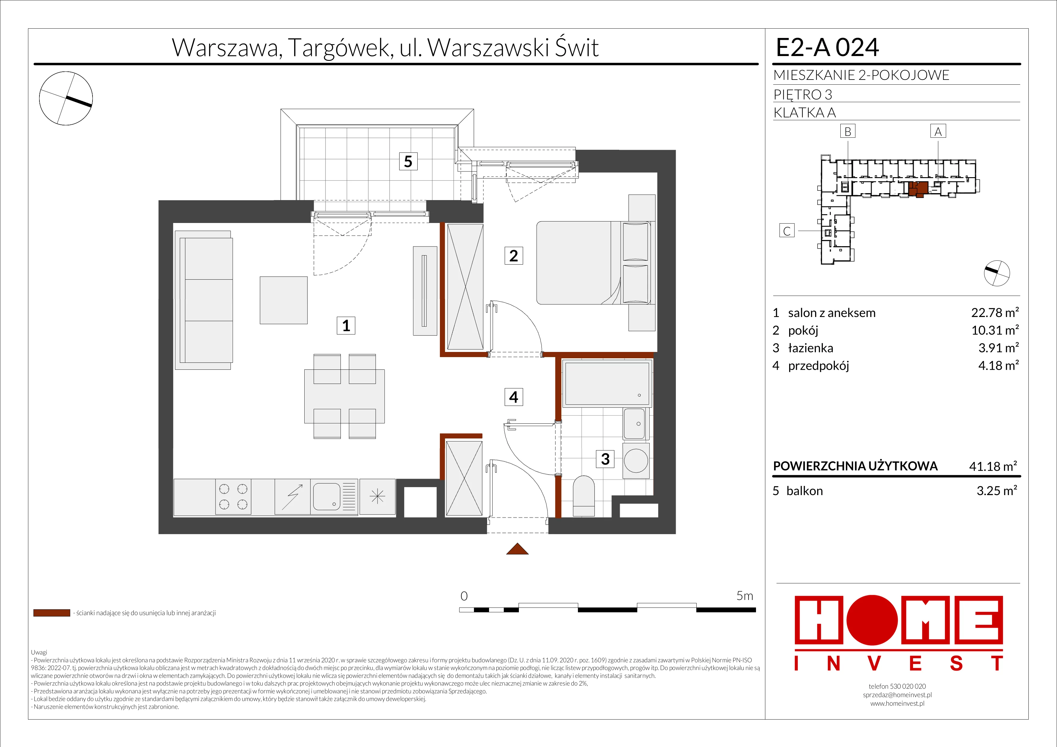 2 pokoje, mieszkanie 41,18 m², piętro 3, oferta nr E2-A024, Warszawski Świt Etap XI, Warszawa, Targówek, Bródno, ul. Warszawski Świt