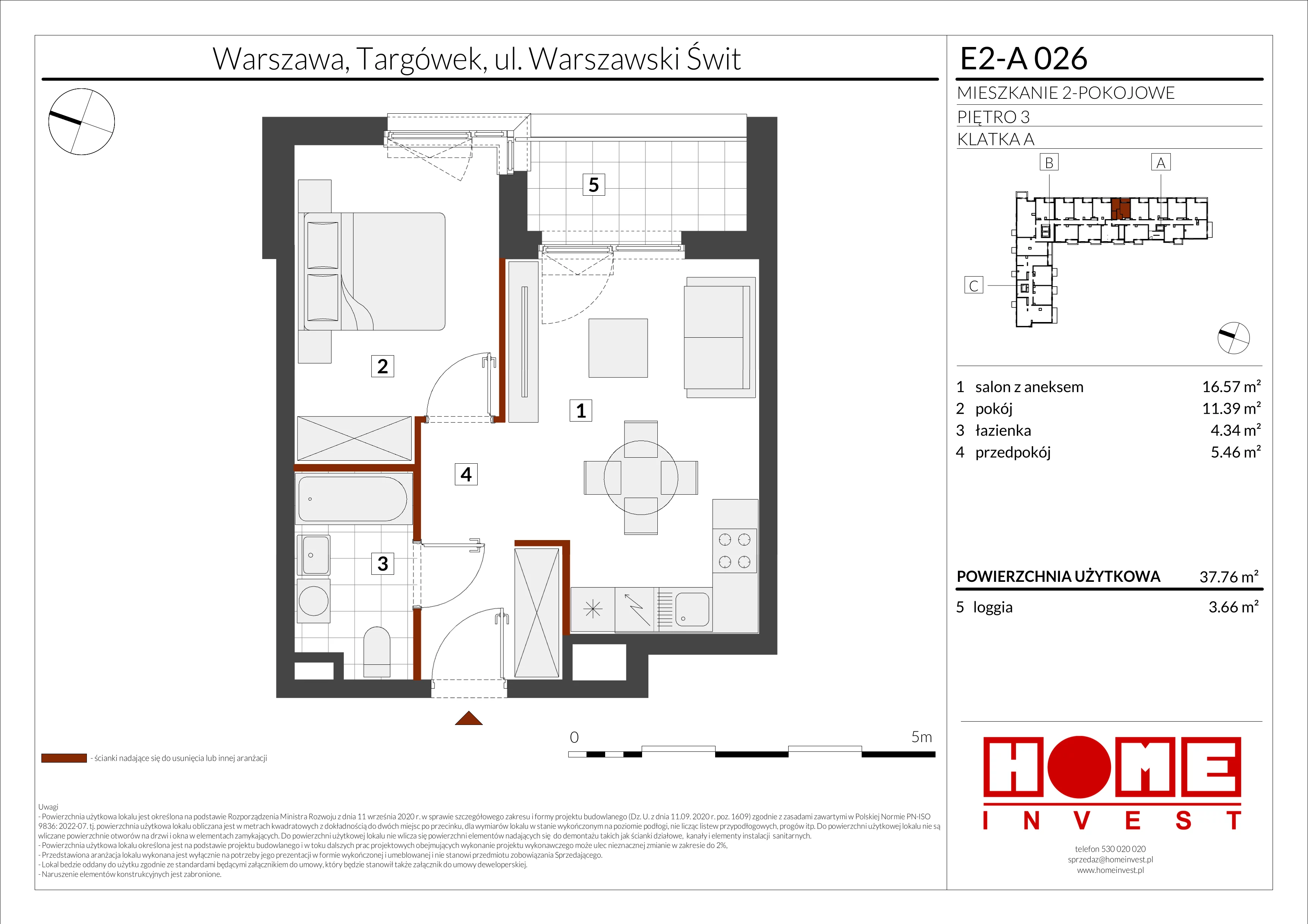 2 pokoje, mieszkanie 37,76 m², piętro 3, oferta nr E2-A026, Warszawski Świt Etap XI, Warszawa, Targówek, Bródno, ul. Warszawski Świt