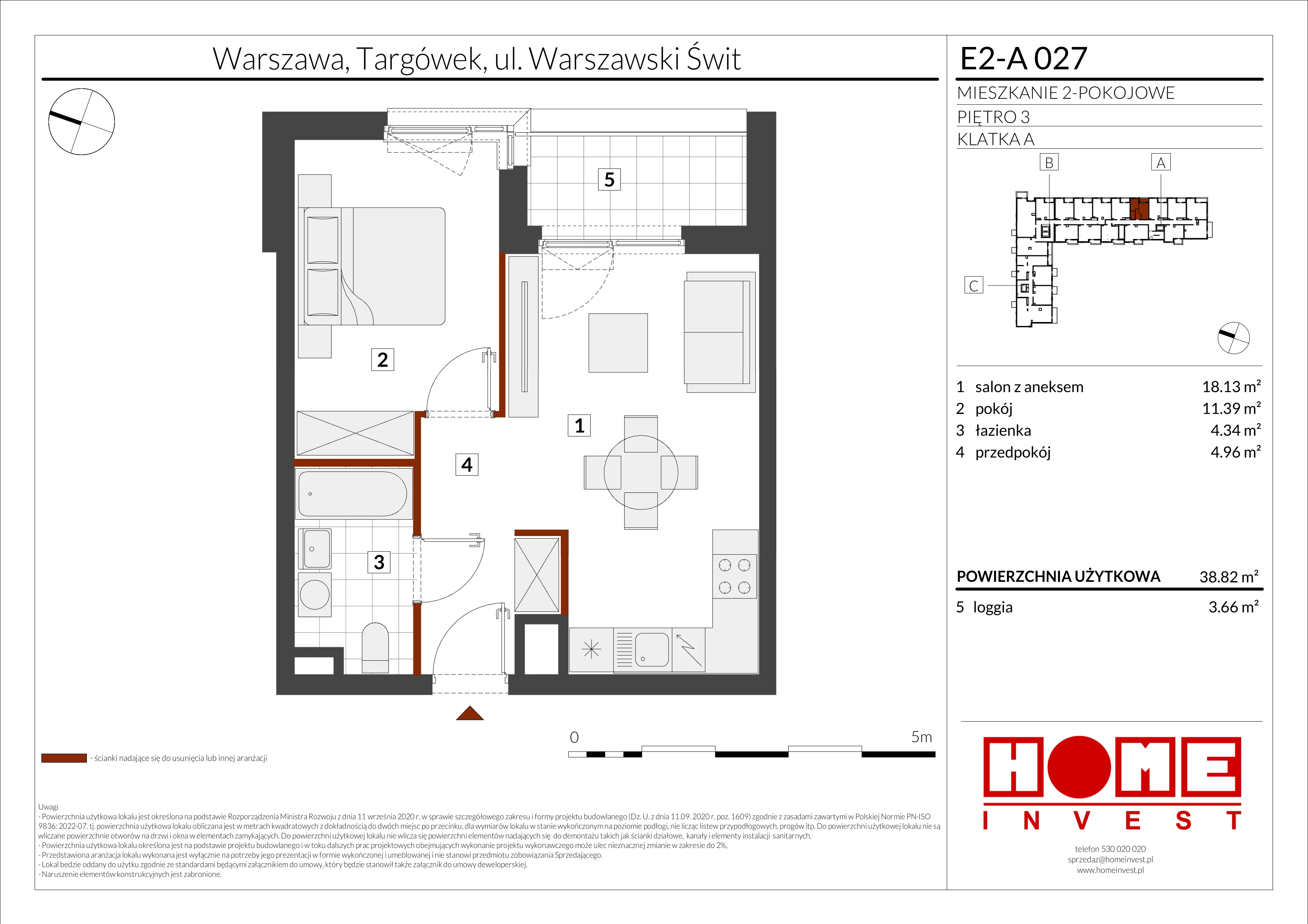 2 pokoje, mieszkanie 38,82 m², piętro 3, oferta nr E2-A027, Warszawski Świt Etap XI, Warszawa, Targówek, Bródno, ul. Warszawski Świt