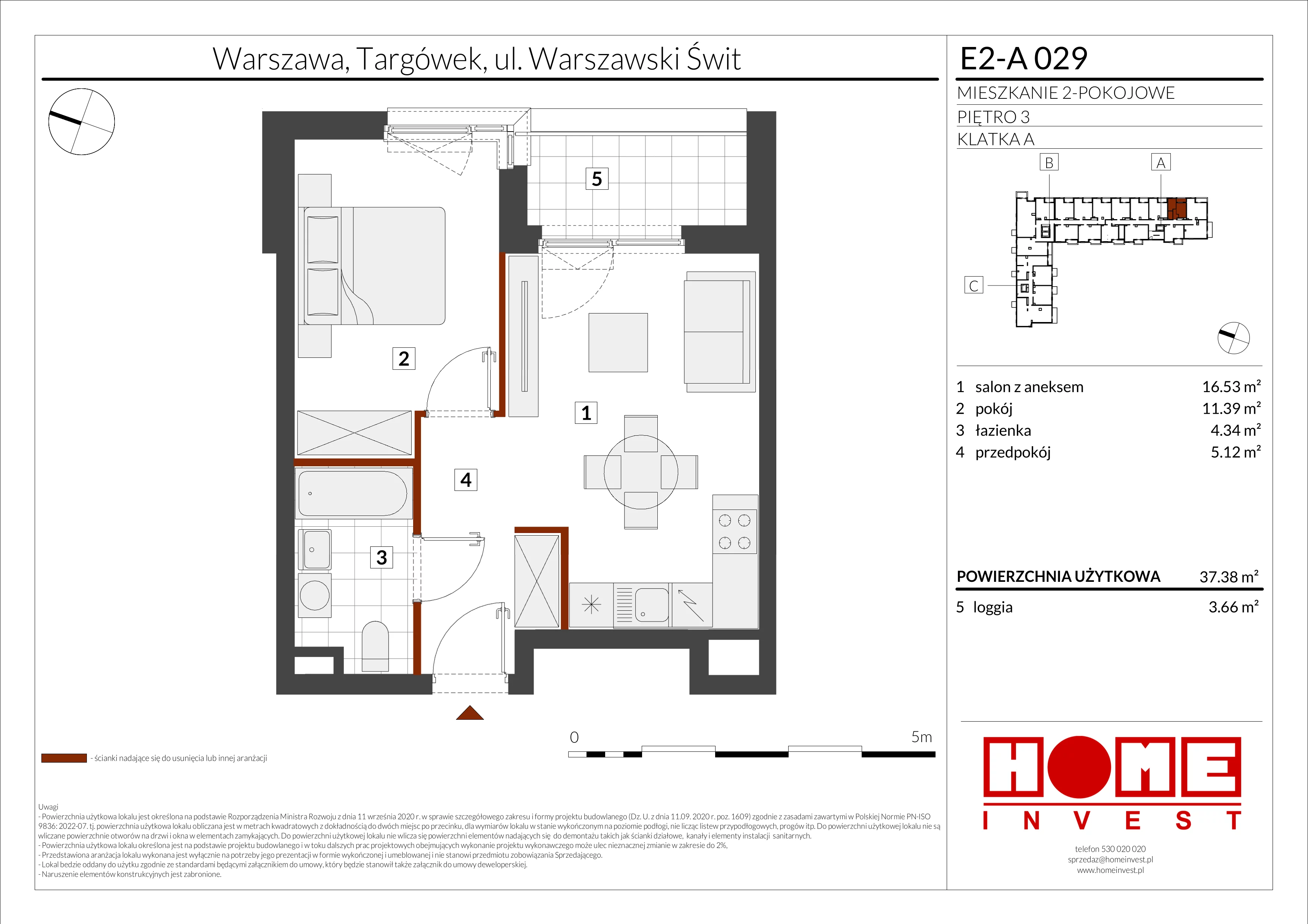 2 pokoje, mieszkanie 37,38 m², piętro 3, oferta nr E2-A029, Warszawski Świt Etap XI, Warszawa, Targówek, Bródno, ul. Warszawski Świt