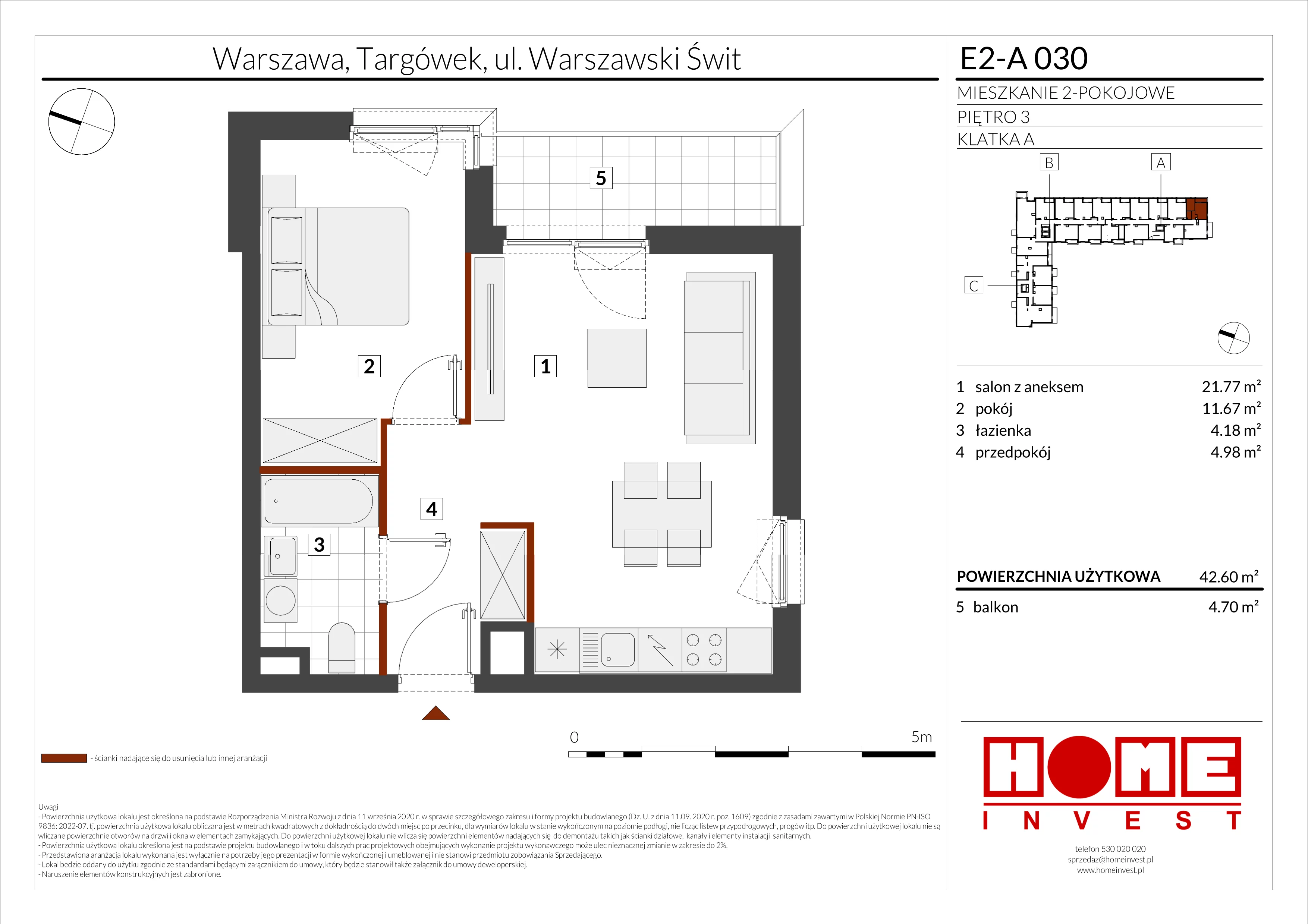 2 pokoje, mieszkanie 42,60 m², piętro 3, oferta nr E2-A030, Warszawski Świt Etap XI, Warszawa, Targówek, Bródno, ul. Warszawski Świt