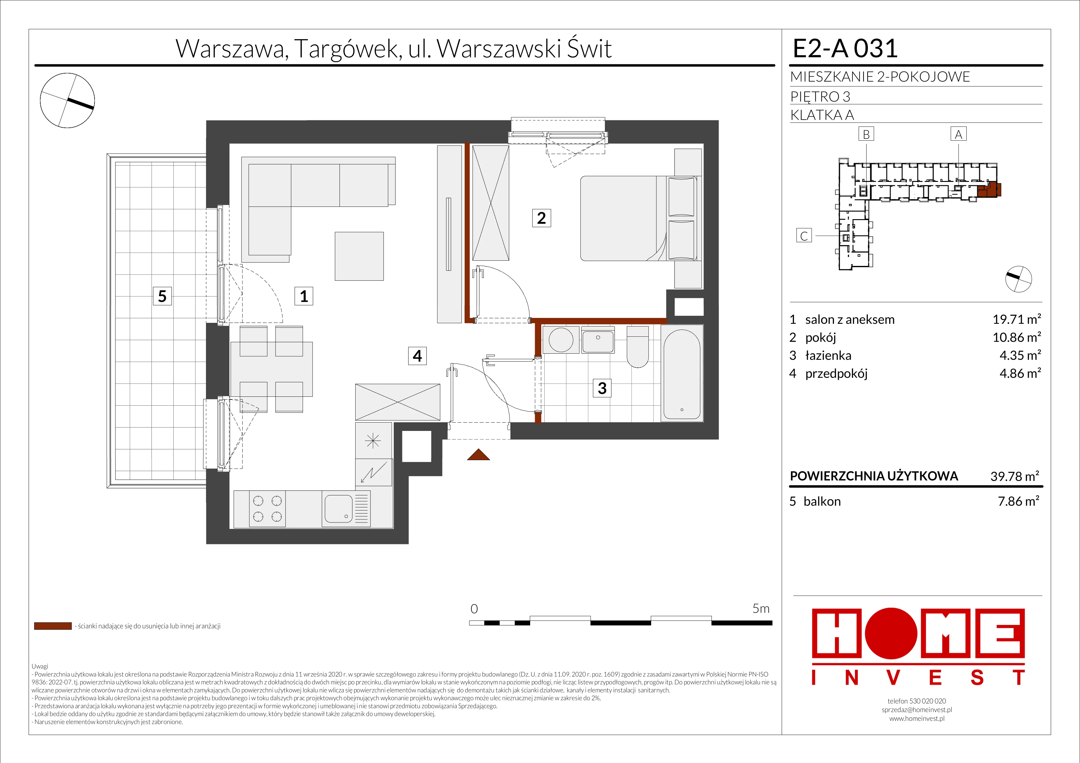 2 pokoje, mieszkanie 39,78 m², piętro 3, oferta nr E2-A031, Warszawski Świt Etap XI, Warszawa, Targówek, Bródno, ul. Warszawski Świt