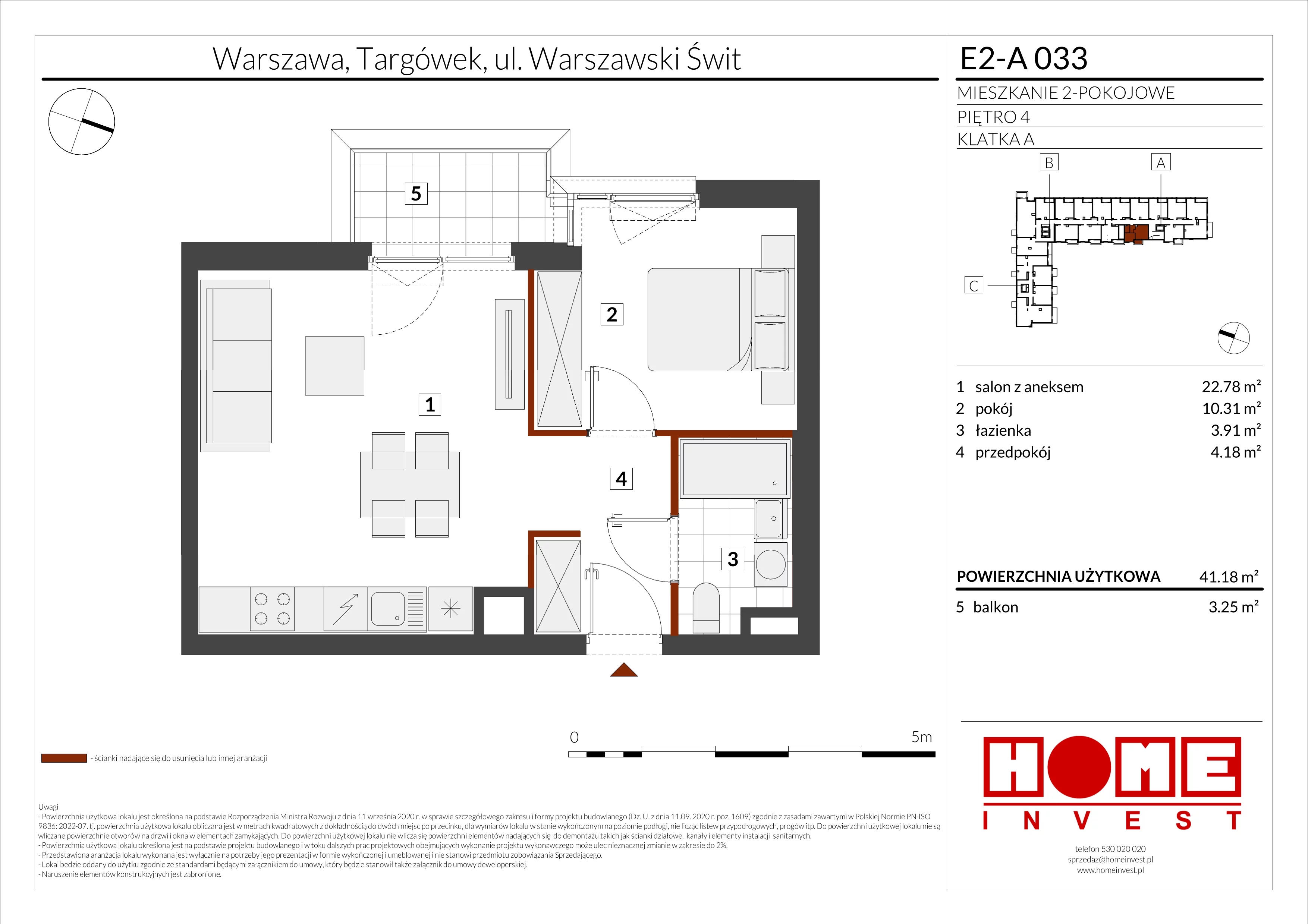 2 pokoje, mieszkanie 41,18 m², piętro 4, oferta nr E2-A033, Warszawski Świt Etap XI, Warszawa, Targówek, Bródno, ul. Warszawski Świt